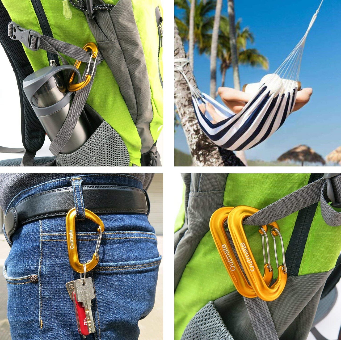 Outmate 12kN 3.2"x2" Heavy-Duty Carabiner Clips - Durable, Lightweight Aluminum Alloy Carabiners for Hiking, Camping, Keychains, Dog Leashes, Hammocks & More(Wire gate,2 Gold)