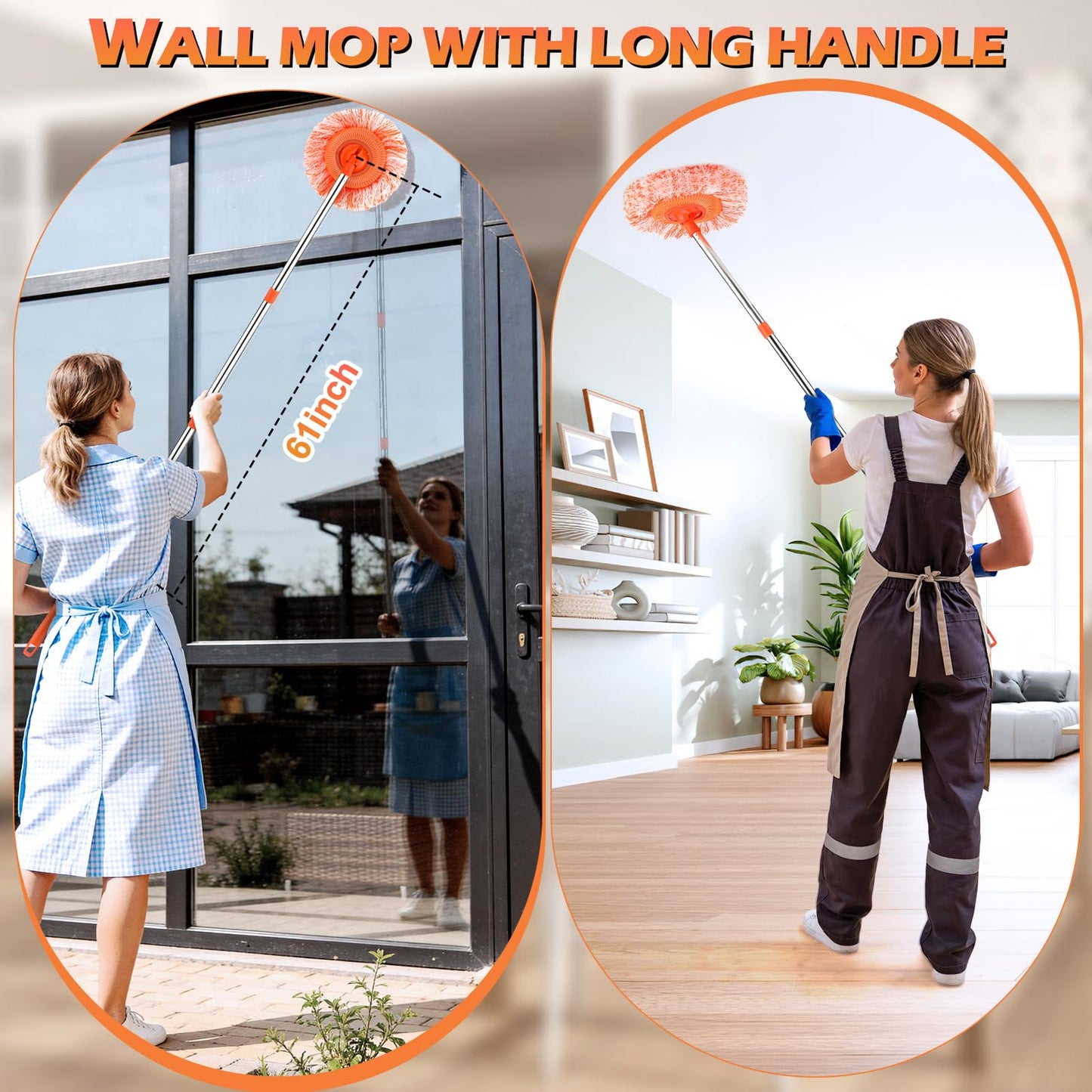 61 in Adjustable Cleaning Mop, Dolodomy 360° Rotatable Mops for Floor Cleaning with 4 Reusable Heads, 2 Fabrics Wall Mop for Floor Door Window Ceiling and Bathroom