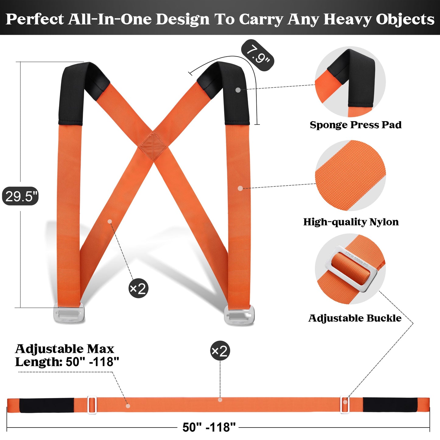 DEYACE Moving Straps 2-Person Lifting Straps for Moving Furniture, Appliances, Mattresses or Any Item up to 800 lbs Orange