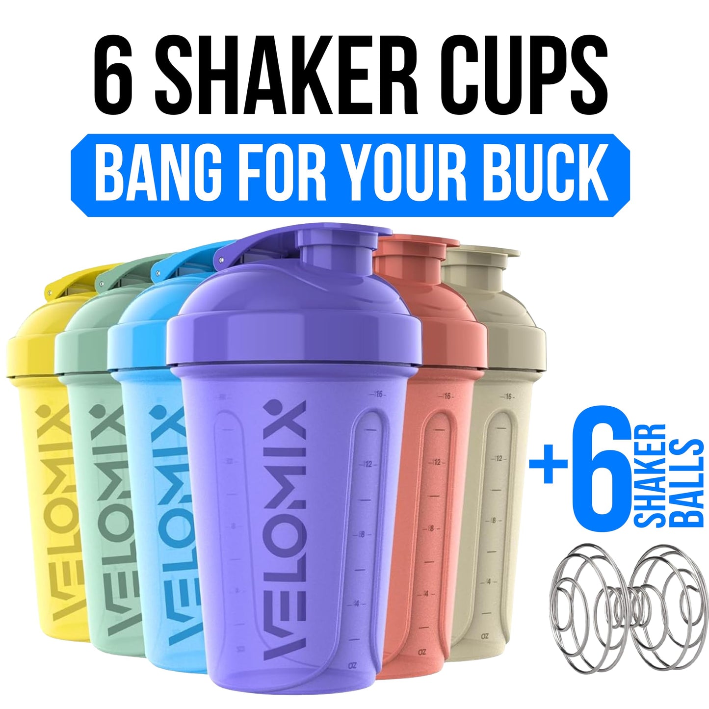 VELOMIX -6 PACK- 20 oz Protein Shaker Bottle for Protein Mixes - 6x Wire Whisk | Leak Proof Shaker Cups for Protein Shakes | Stackable Protein Shaker Bottle Pack | Dishwasher Safe (Pastel Shades)