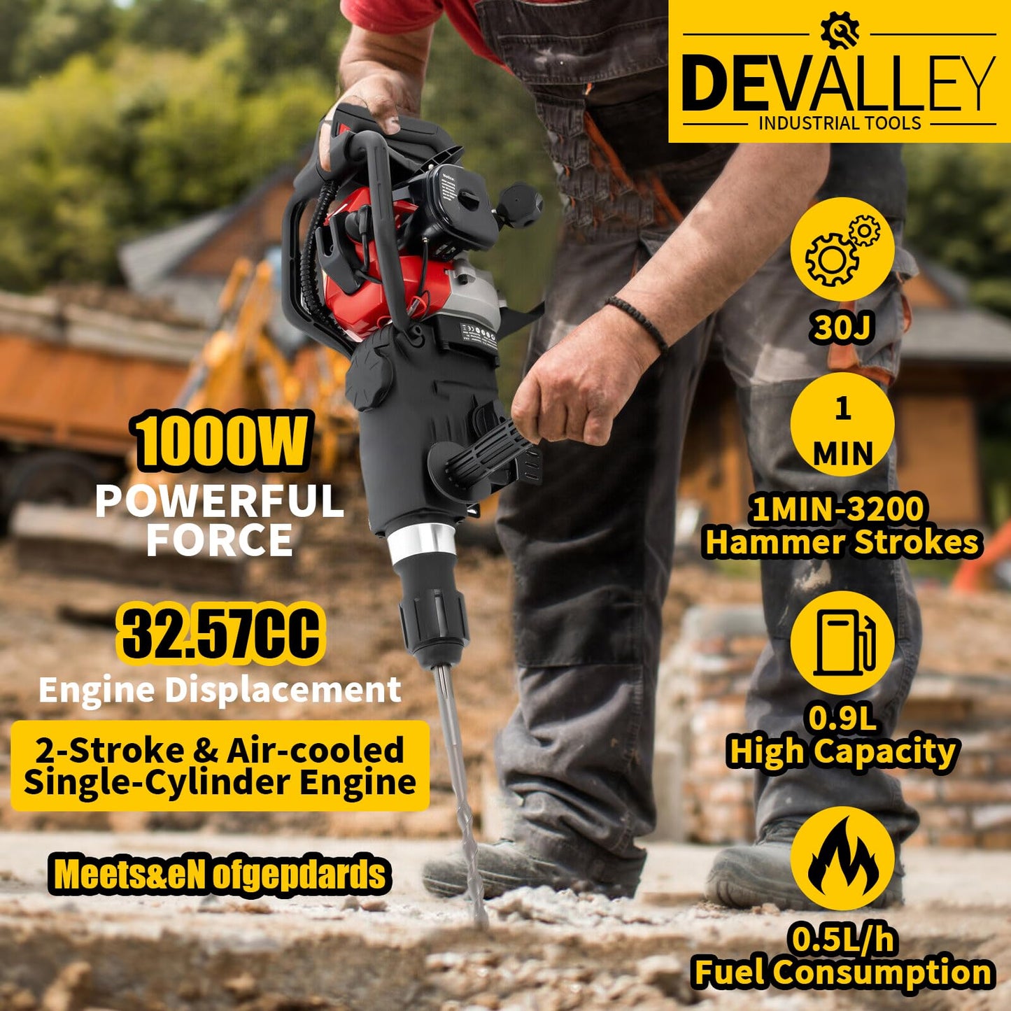 DEVALLEY Demolition Jack Hammer 33CC 2-Stroke Gas Powered Jack Hammer with Air Cooling System Hand Pull Start Gasoline Concrete Breaker Hammer for Hammering, Slotting,Drilling,Crushing