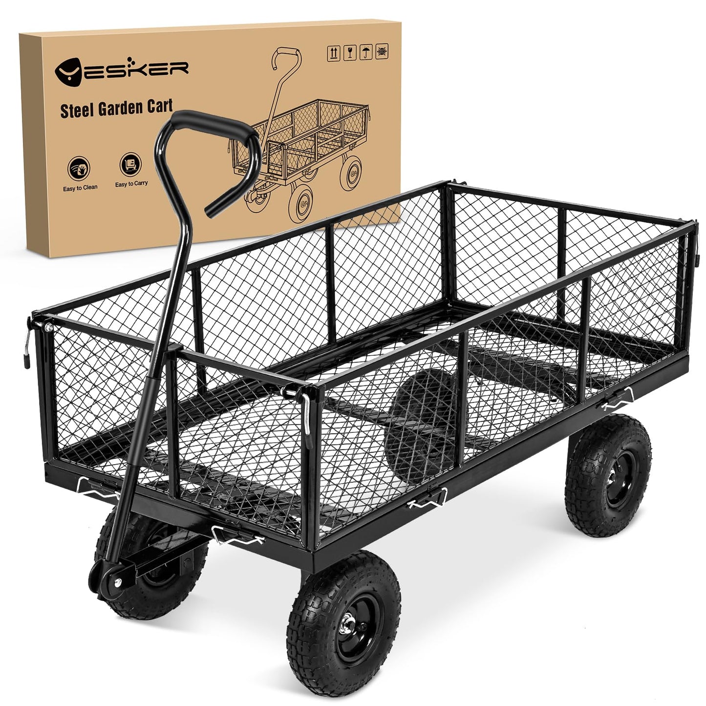 Yesker Steel Garden Carts - 1100lbs Dump Wagon with All Terrain Inflatable Wheels for Yard Lawn Farms Gardening - Heavy Duty Utility Outdoor Hauling Wheelbarrow