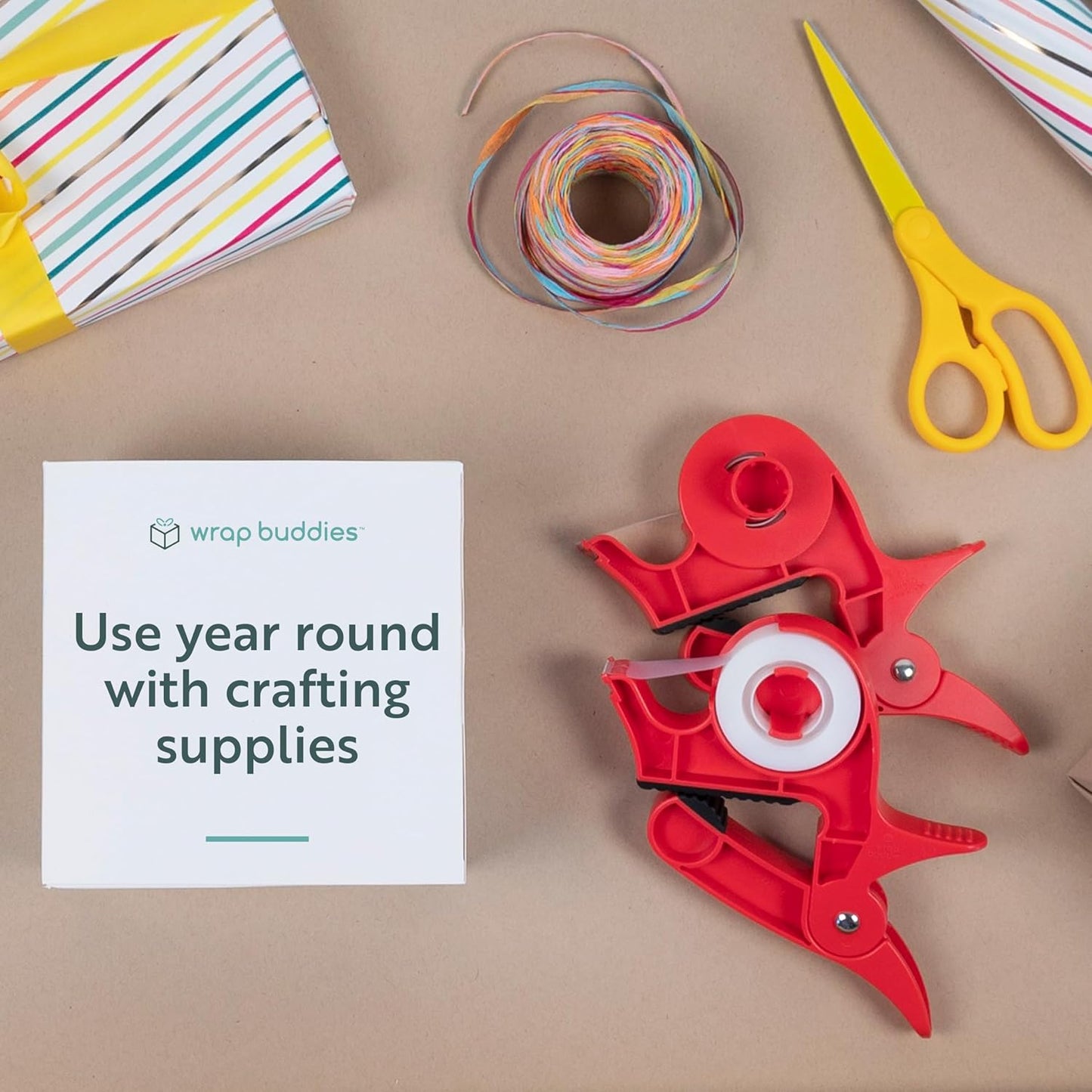 Wrap Buddies Tabletop Gift Wrapping Tool - Set of 2 Adjustable Clamps with Tape Dispenser - One-Handed Cutter in Cherry Red