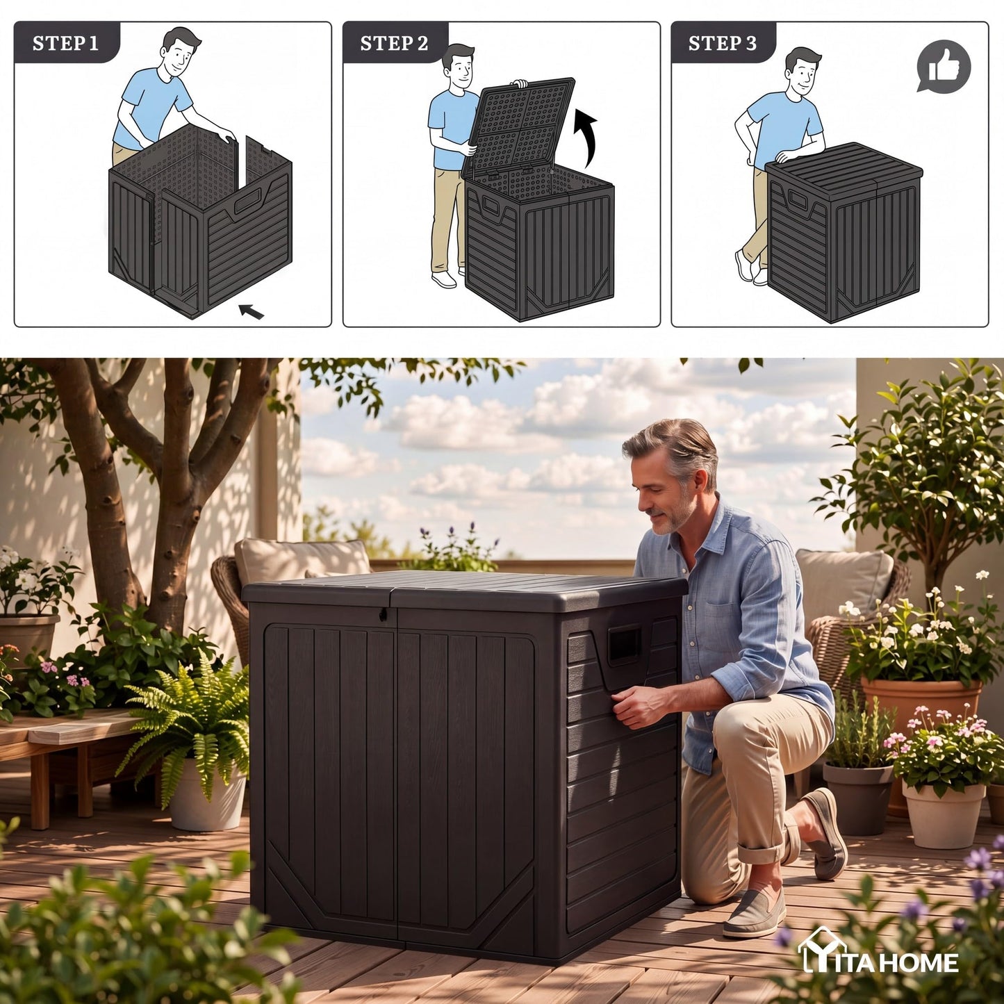 YITAHOME 150 Gallon Large Outdoor Deck Box, Lockable Resin Double-Wall Storage Box and Waterproof Patio Furniture Bin for Garden Tools & Pool Accessories, Black