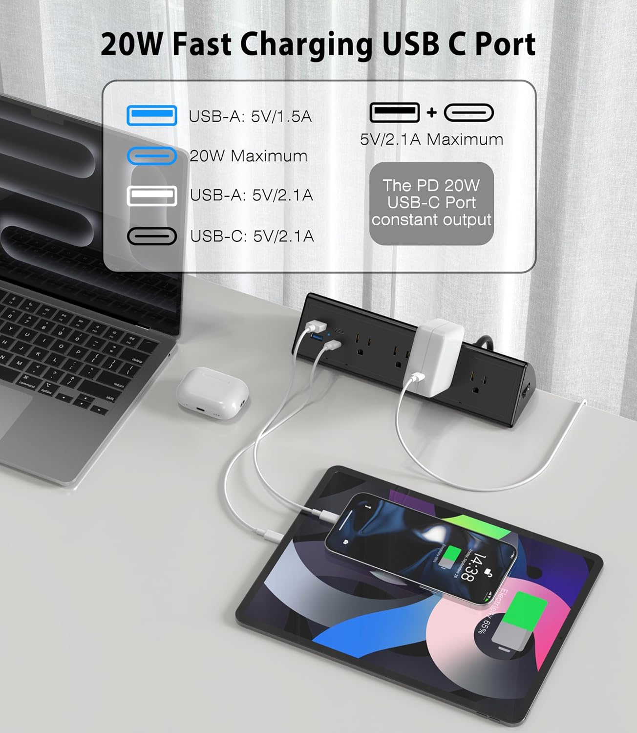 Jgstkcity Strip,20W Mount,1875W Outlets,2 USB-C,2 6 Desk Clamp Power Fast Charging Station,Surge Protector Nightstand