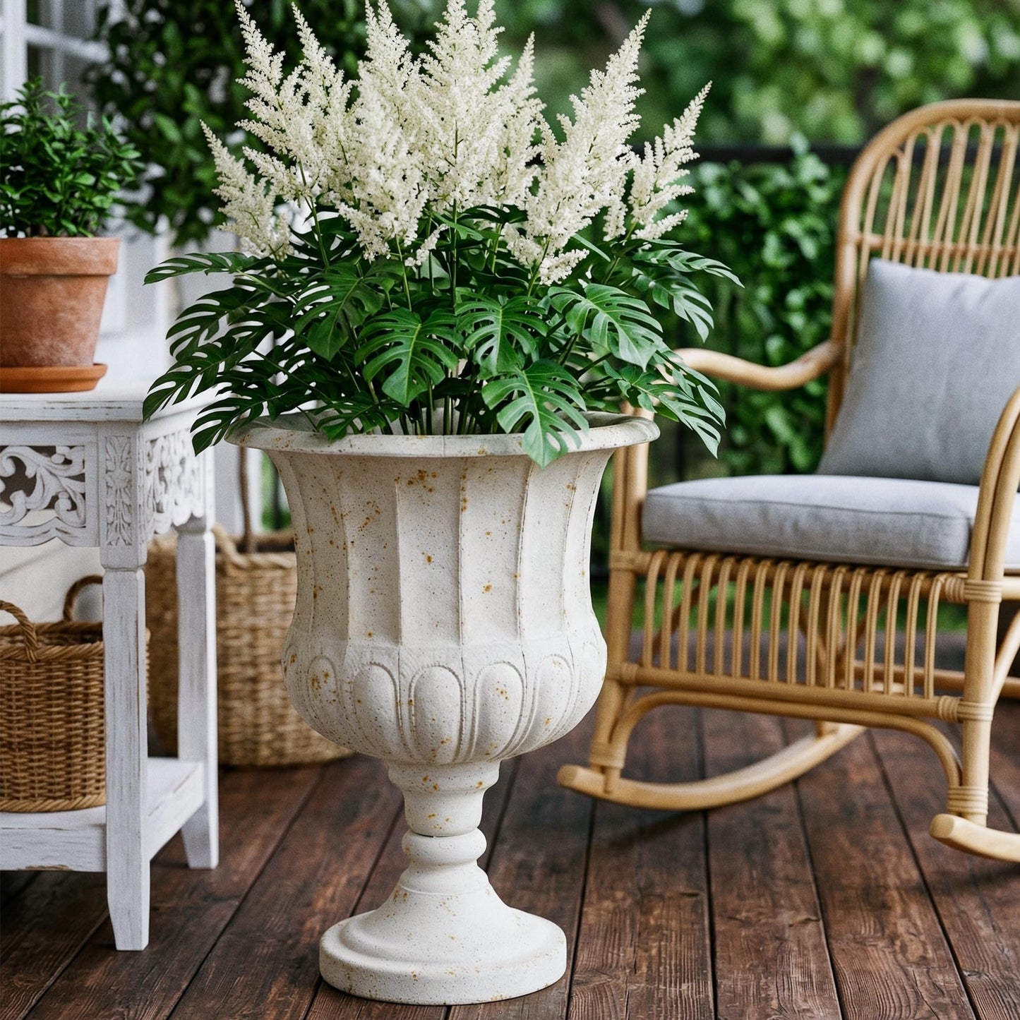 Worth Garden 25" H. Metal Urn Planters 2-Pack - White Classic Antique Iron Plant Pots - Large Decorative Rustic Flower Pots for Outdoor Use - Traditional Urn Planter for Patio, Front Porch