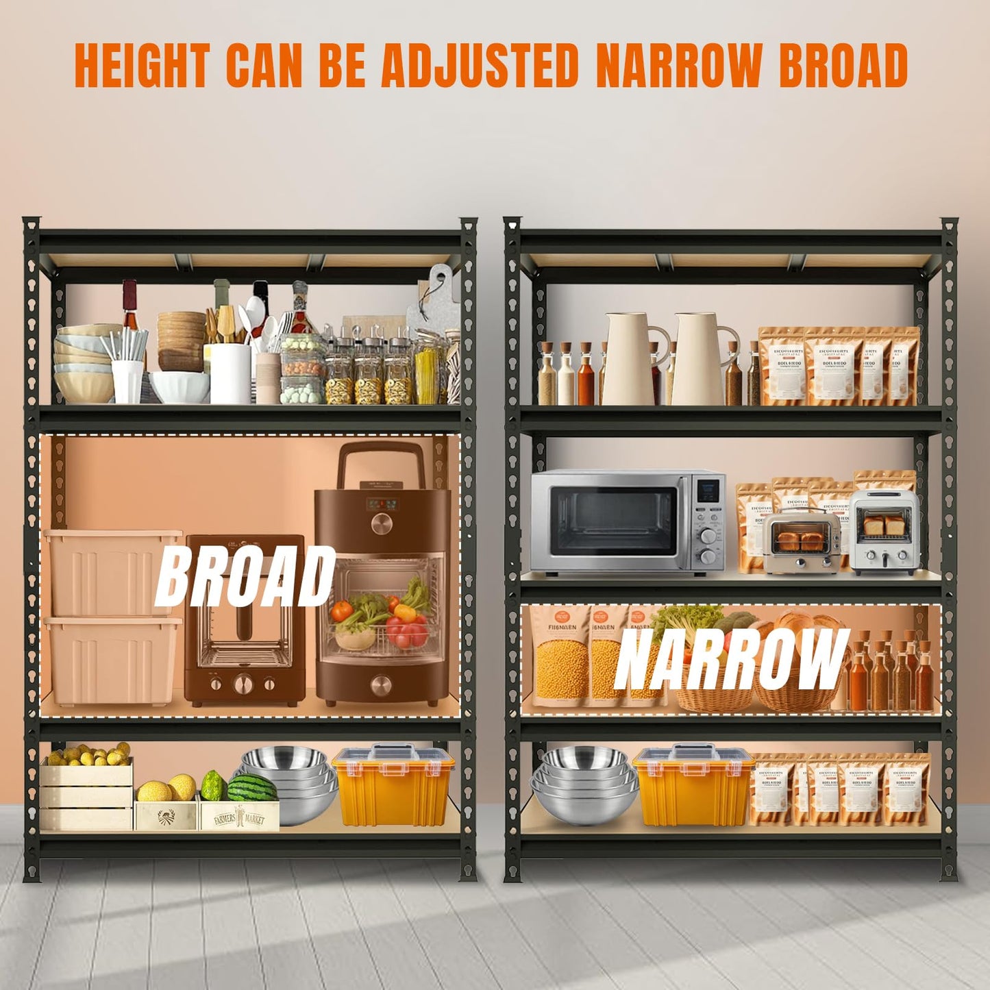 Big RED Storage Shelving Unit, 5-Tier Adjustable Storage Shelves, Heavy Duty Metal Garage Shelves/Utility Rack for Kitchen, Pantry, Basement- 3,000lb Capacity, Black, 72" H x 48" W x 24" D