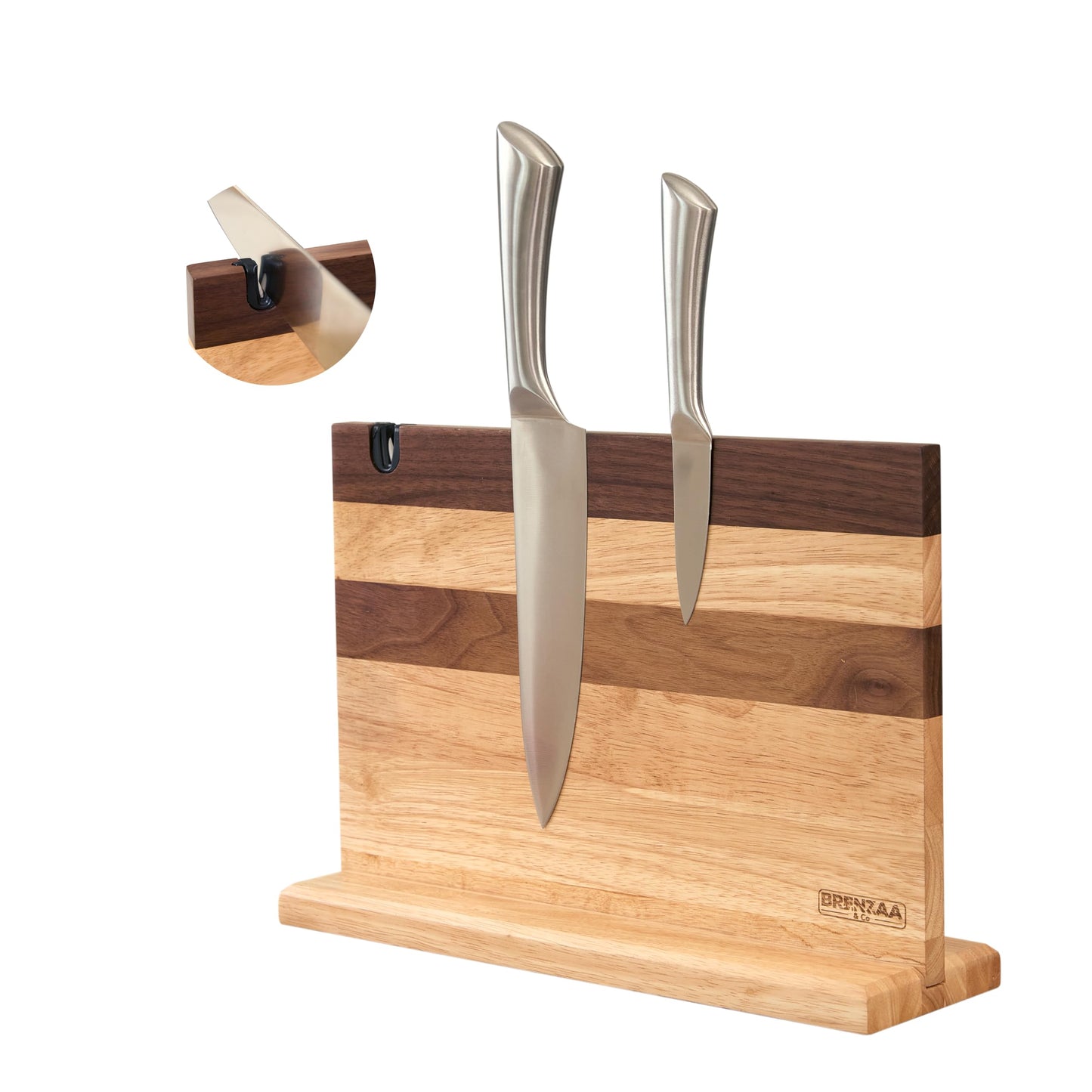 BRENZAA Magnetic Knife Block with Built-in Sharpener, 14 inch Double Sided Wood Knife Holder for Countertop, Universal Knife Stand without Knives (Rubberwood and Walnut Decor)