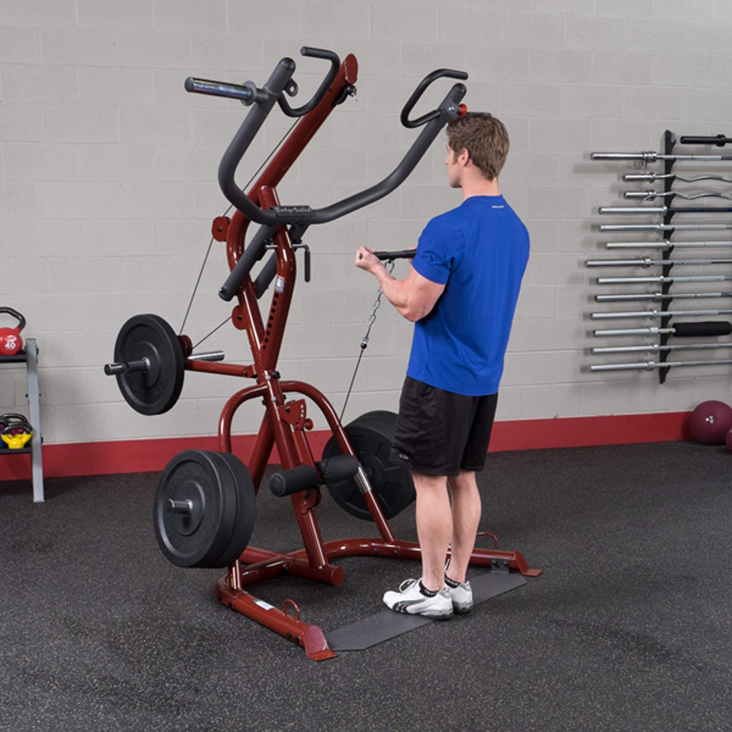 Body-Solid (GLGS100 Corner Leverage Gym for Strength Training, 3 Station Exercise Equipment, Red