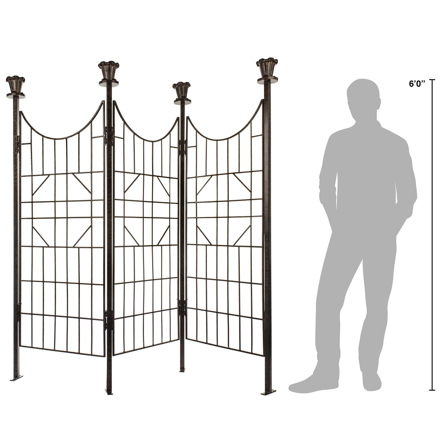 H Potter 3-Panel Outdoor Privacy Screen Trellis, 7 ft W x 6.5 ft H, 70-lb Heavy Iron Garden Screen for Patio, Deck & Hot Tub, Straight or Curved Config, Ground Spikes