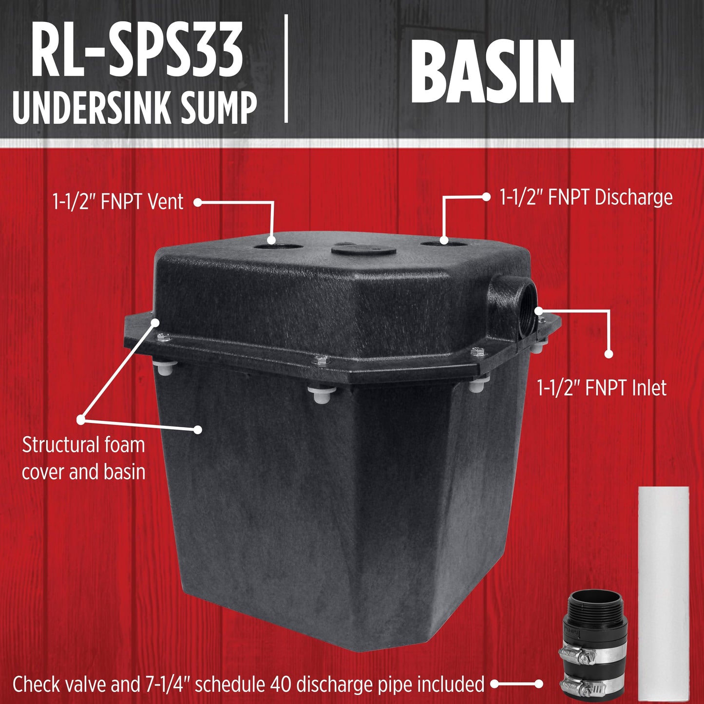 Red Lion RL-SPS33 1/3 HP, 115-Volt, 3200 GPH Under-Sink Sump Pump System with 6 Gallon Basin, Red/Black, 14942736