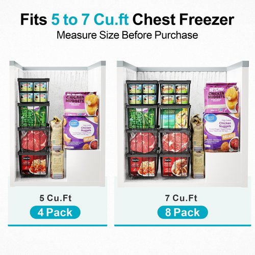 iSPECLE Deep Freezer Organizer Bins, 8 Pack Chest Freezer Baskets for 7 Cu.Ft, Stackable Wire Chest Freezer Organizer Bins for Small Food, Strong Metal with Handles for Meat and Veggies, Black