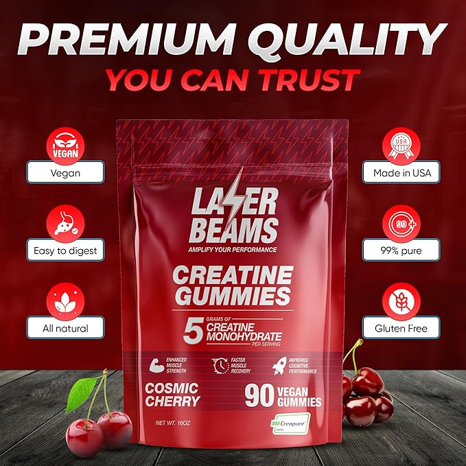 Creatine Monohydrate Gummies - 5g Creapure Creatine per Serving - Vegan - Boost Muscle Strength, Endurance, Recovery & Mental Focus - 90 Gummies, Gluten-Free (Strawberry)