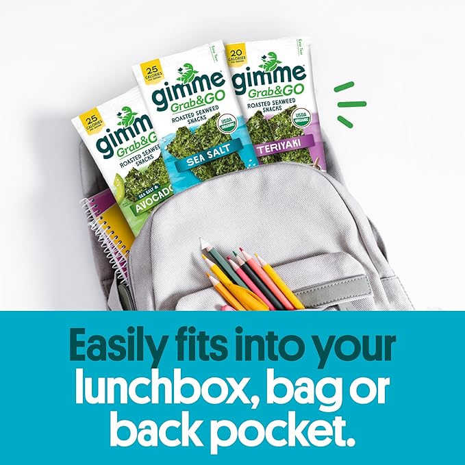 Gimme Seaweed Grab & Go Organic Premium Roasted Seaweed Snacks, Sea Salt, 18 Count Trayless, Keto, Vegan, Gluten-Free, Great Source of Omega3s and Iodine, Healthy On-The-Go Snack for Kids and Adults