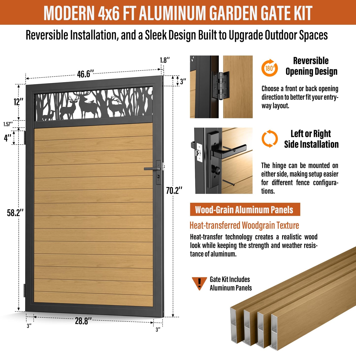 TORMIZ 4x6 FT (46.8"x70.8") All-Aluminum Fence Gate Kit with Wood-Grain Panels – Heavy Duty Anti-Sag Metal Gate Frame, Pre-Installed Left/Right Mount (All-in-One Kit, Panels Included)