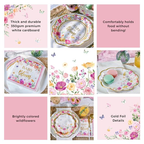Kate Aspen Baby in Bloom 62 Piece Party Tableware Set Baby Shower Party Decorations Plates & Napkins, Vibrant Floral Botanical (16 Guests)- Perfect for Greenery Baby Shower
