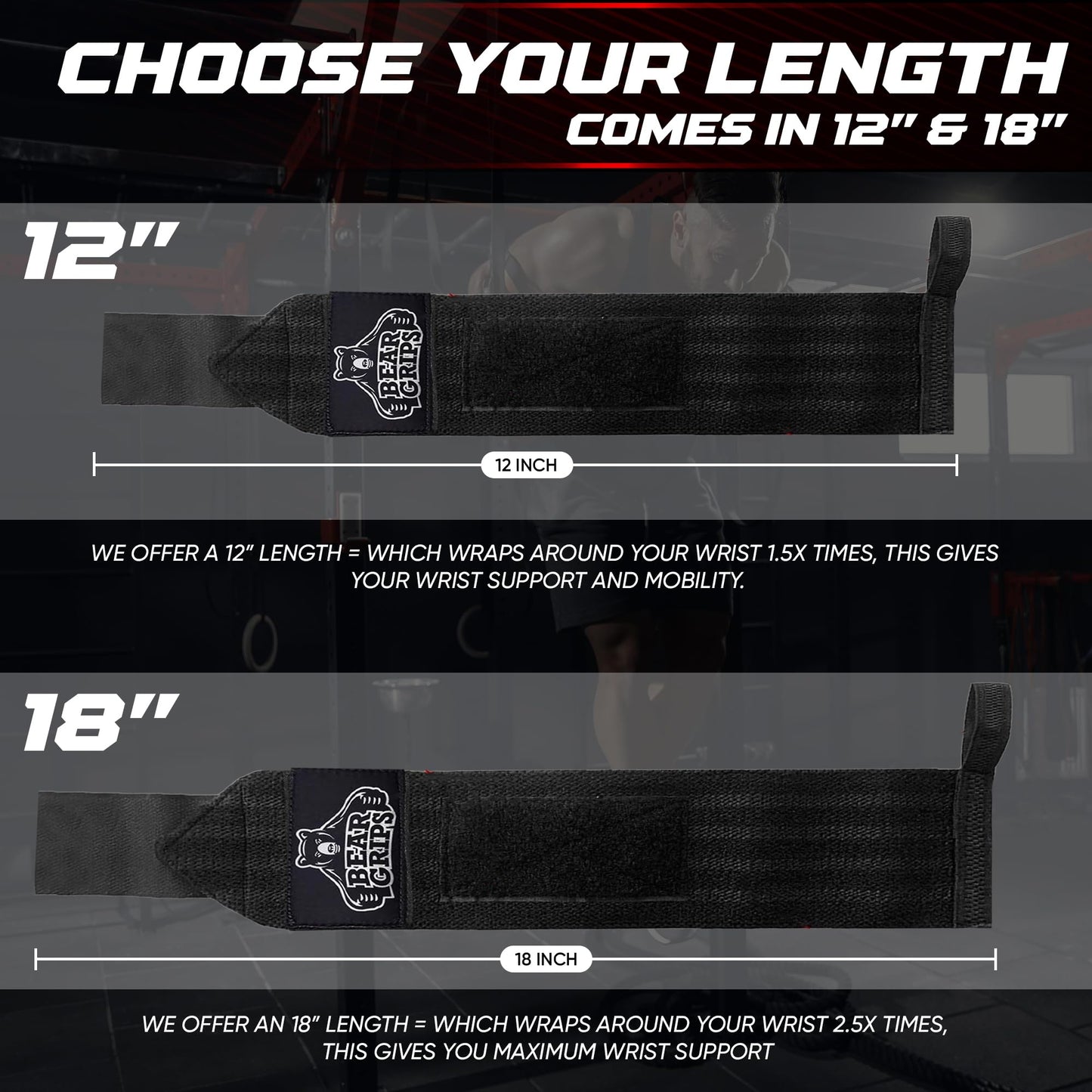 Bear Grips Wrist Wraps for Weightlifting | Weight Lifting Wrist Straps for Weightlifting | Extra Strength Gym Wrist Wraps | Two Wrist Wrap Per Pack | 12” & 18” | Lifting for Men & Women