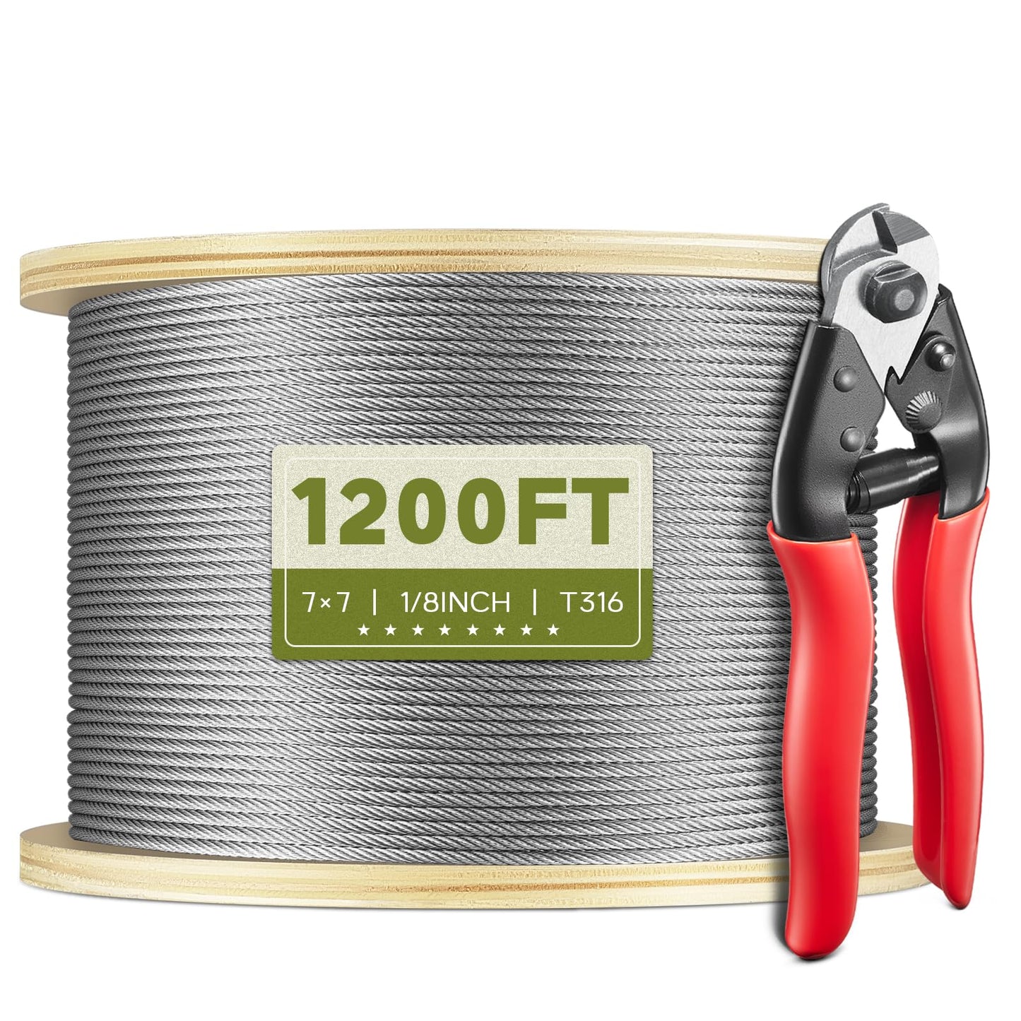 KALLSDY 1200FT 1/8" T316 Stainless Steel Cable, Wire Rope Aircraft Cable for Deck Cable Fence Railing Kit, and DIY Balustrades, 7x7 Strands Construction, Comes with a Cutter