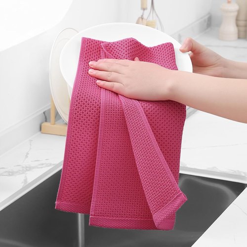 Homaxy Kitchen Dish Towels - Ultra Soft 100% Cotton Waffle Weave, Quick Drying, 13 x 28 Inches, 4-Pack, Hot Pink