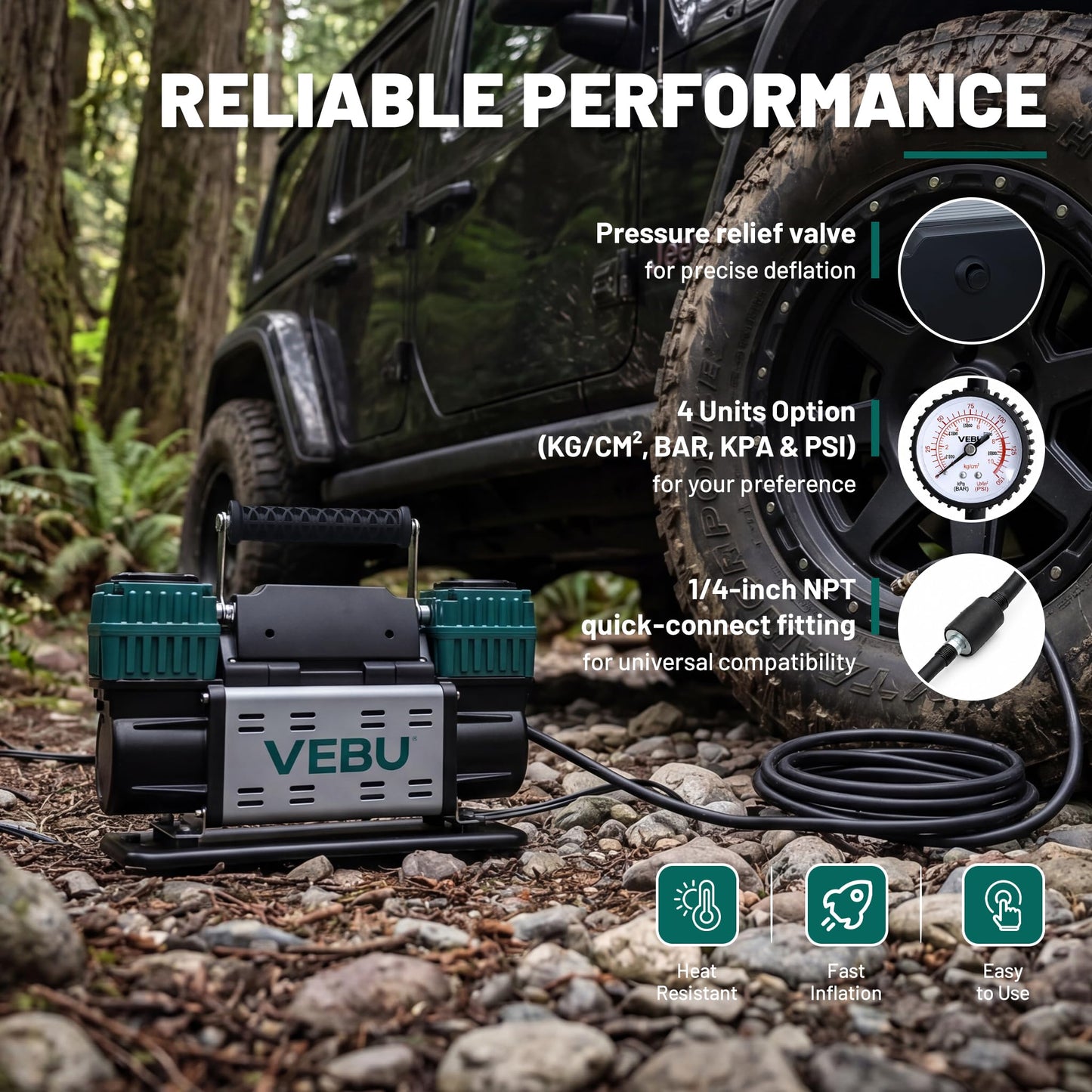 VEBU Heavy Duty Air Compressor 12V Tire Inflator, Dual Cylinder 125PSI with In-line Pressure Gauge, 10.6CFM Fast Inflation for Off-road Vehicles, Trucks, SUVs, RVs, ATVs, DC Power, Corded Electric