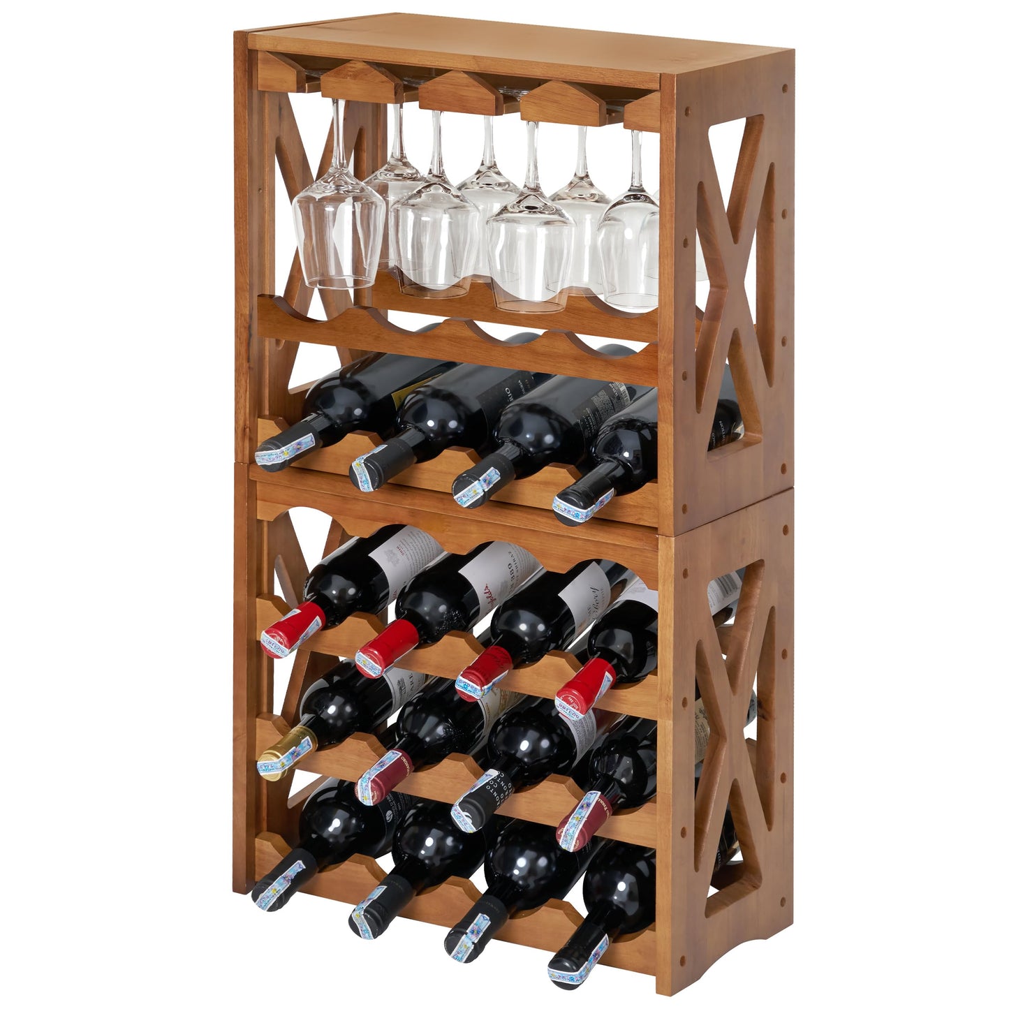Wine Rack, Wine Racks Free Standing Floor, Wine Racks Countertop Display Rack with Table Top, Wine Glass Holder for 8 -12 Wine Glasses, Wine Bottle Holder for Kitchen Dining Room Bar (28 bottles)