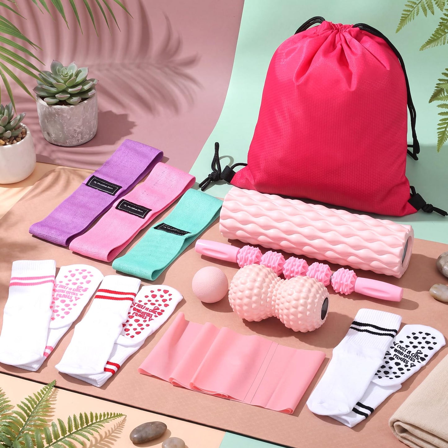 Foilswirl 12 Pcs Home Pilates Kit Pink Pilates Equipment Set for Women with Resistance Bands, Massage Balls, Stretch Strap, Peanut Ball, Foam Roller, Yoga Socks and Backpack for Home Workout Exercise