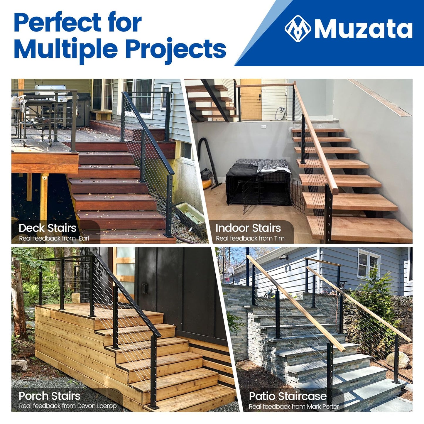 Muzata 8-12FT Modular Black Cable Railing Kit 36 Inch 3 Stair Post Kit Complete Set Cable Railing System for Stairs Length Adjustable Easy DIY with Paper User Guide (No Handrail) RW25