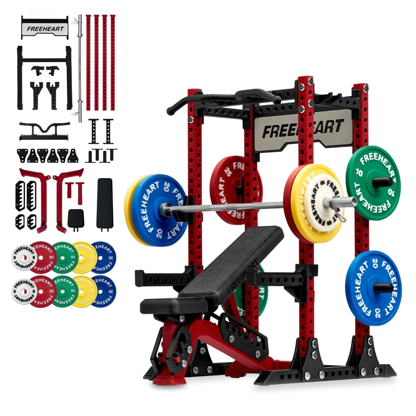 GWAIX 1/12 Scale Squat Rack Decor, Mini Barbell, Weight Plates & Workout Bench, DIY Model Kit, Home Gym Decor, Gym Gifts for Men (Red&Black)
