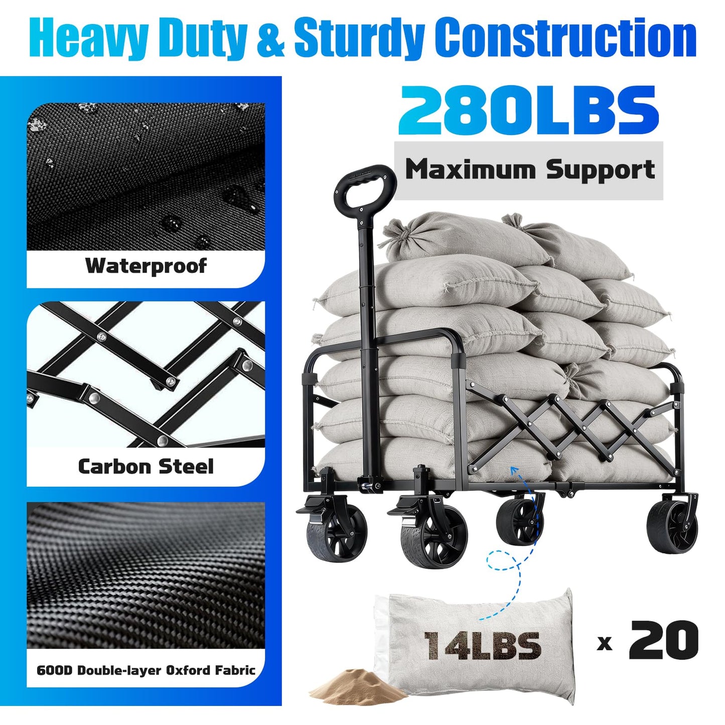 Collapsible Wagon Cart Foldable with Wheels - 360LBS Large Heavy Duty Folding Utility Wagon with All-Terrain Wheels & Brakes for Shopping Garden Beach Camping, 2 Drink Holders/Lightweight/Black