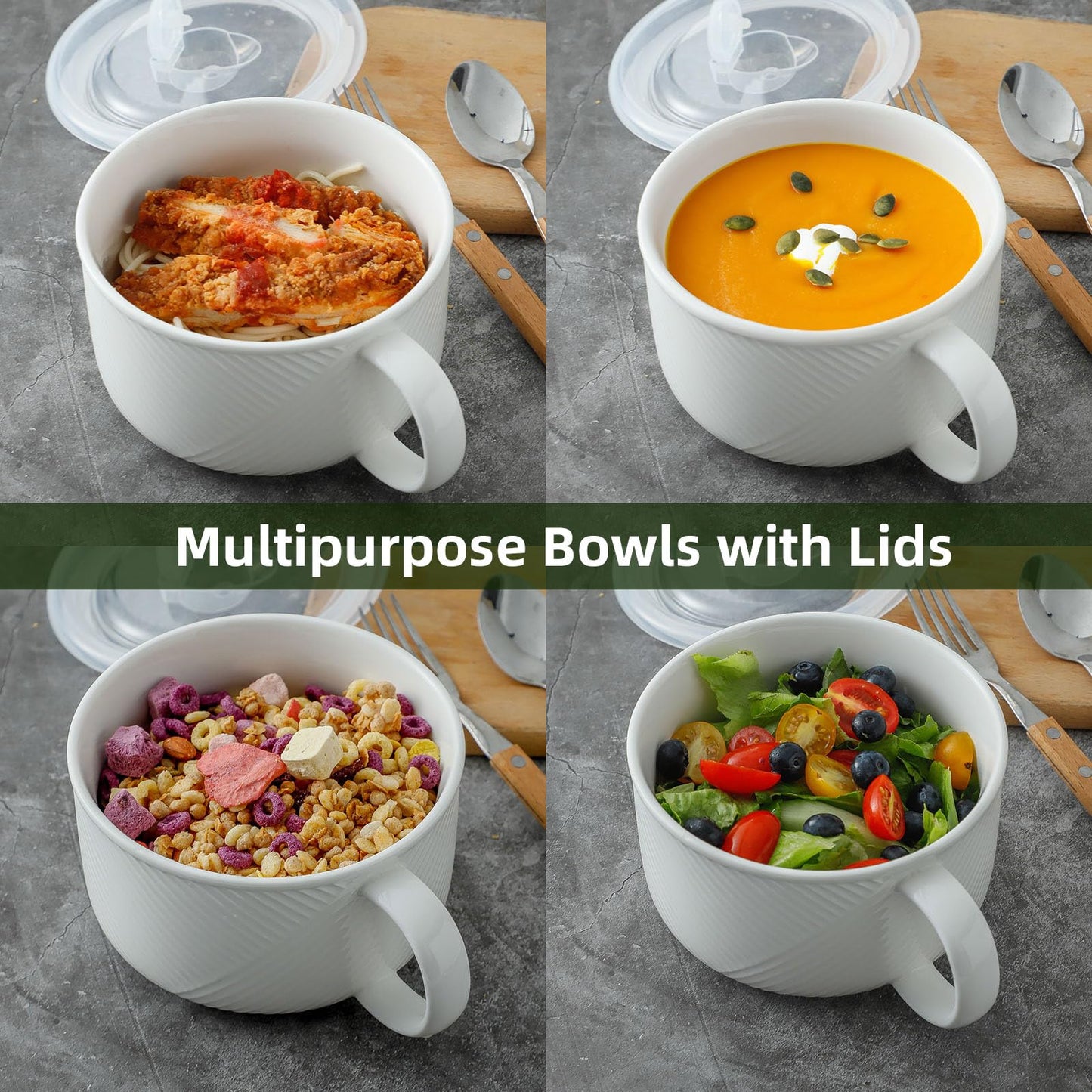 Adewnest Oversized Soup Bowl with Handle: 38 oz Ceramic Soup Mug with Lid - Microwave Safe Jumbo Food Storage Container for Ramen Cereal Breakfast Meal Prep Office Lunch Dorm Living - White 6 Inch