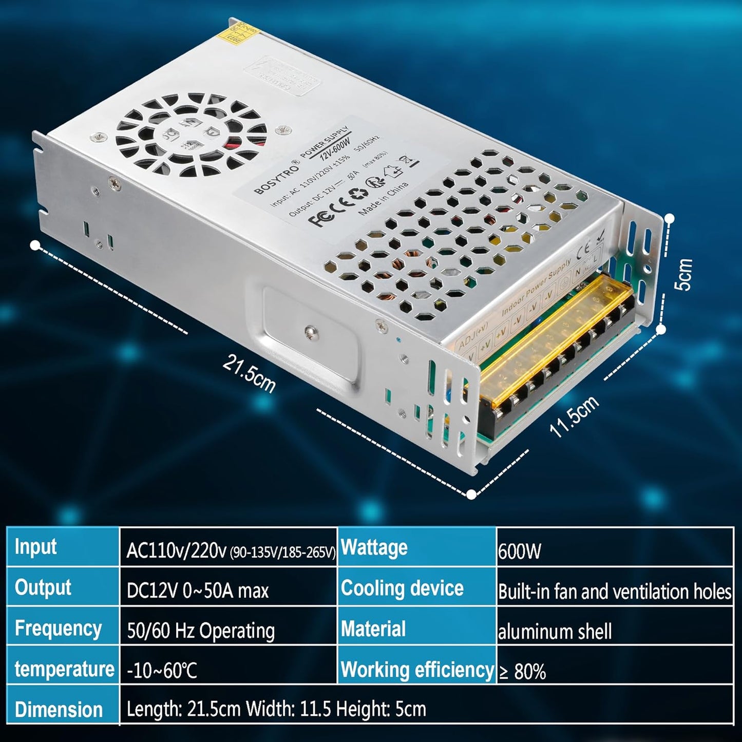 BOSYTRO 12V 50A 600W AC110V/220V 12 DC Switching Power Supply, Universal Regulated Switching (SMPS), Volt Power Supply