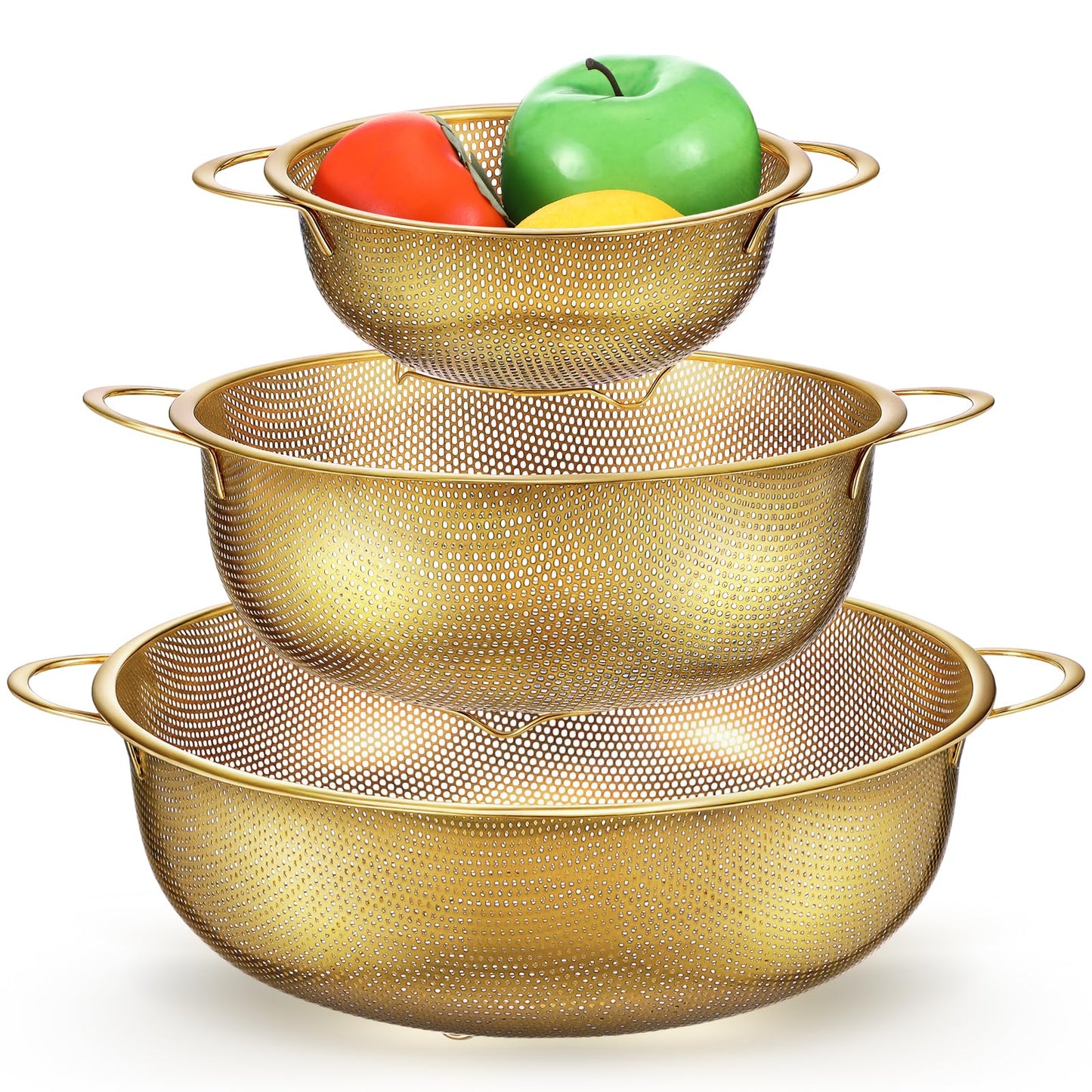 Baderke 3 Pieces Stainless Steel Gold Colander Metal Strainer with Handle Pasta Gold Colander for Kitchen Draining Pasta Rinsing Vegetables Rice Food, 3 Sizes(1-3-5 Quart,Classic)