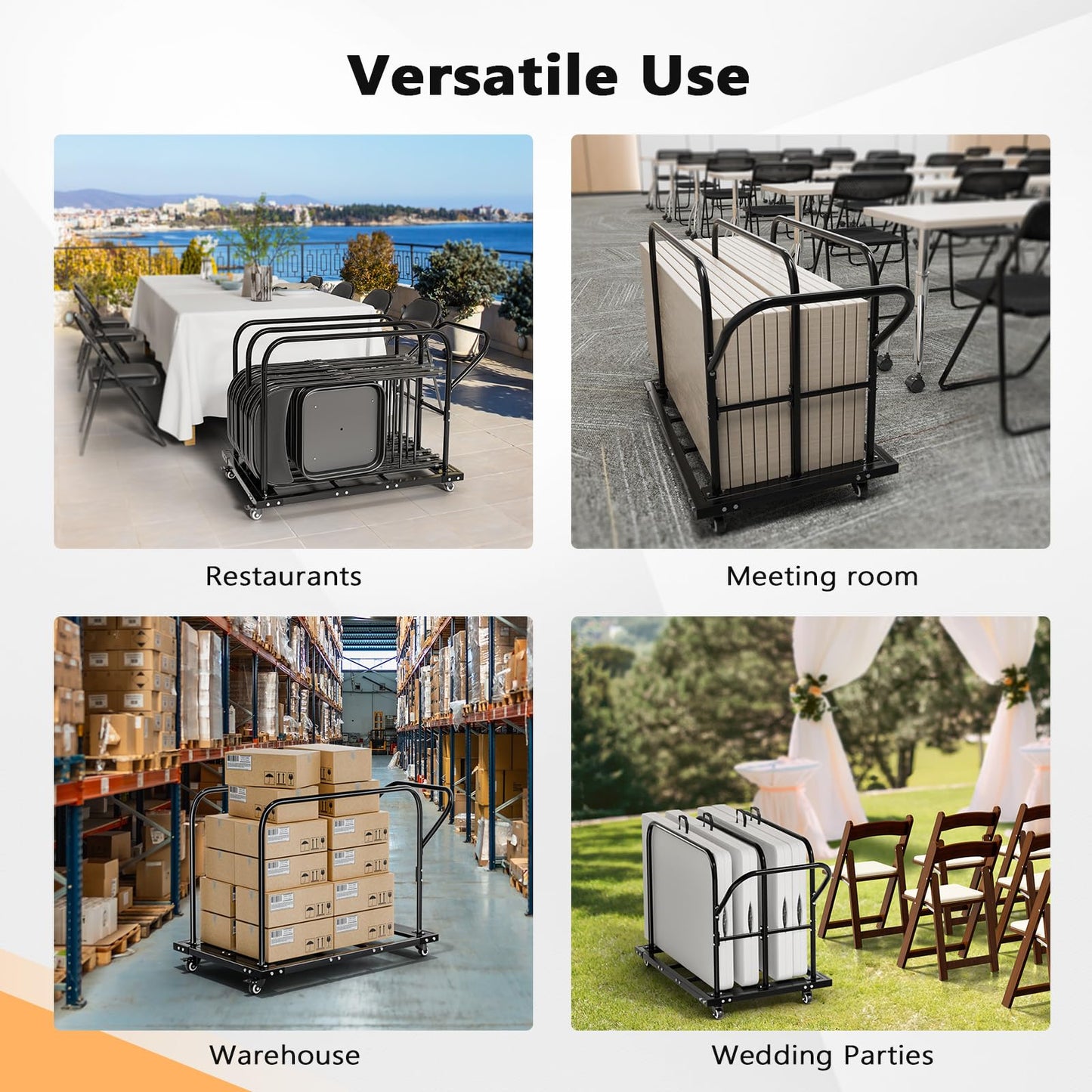VINGLI Heavy Duty Folding Table Cart, Table Dolly with PU Swivel Wheels, 800 lbs Capacity, Holds Up to 10 Tables for Party Events, Hotels, Factories & Warehouses