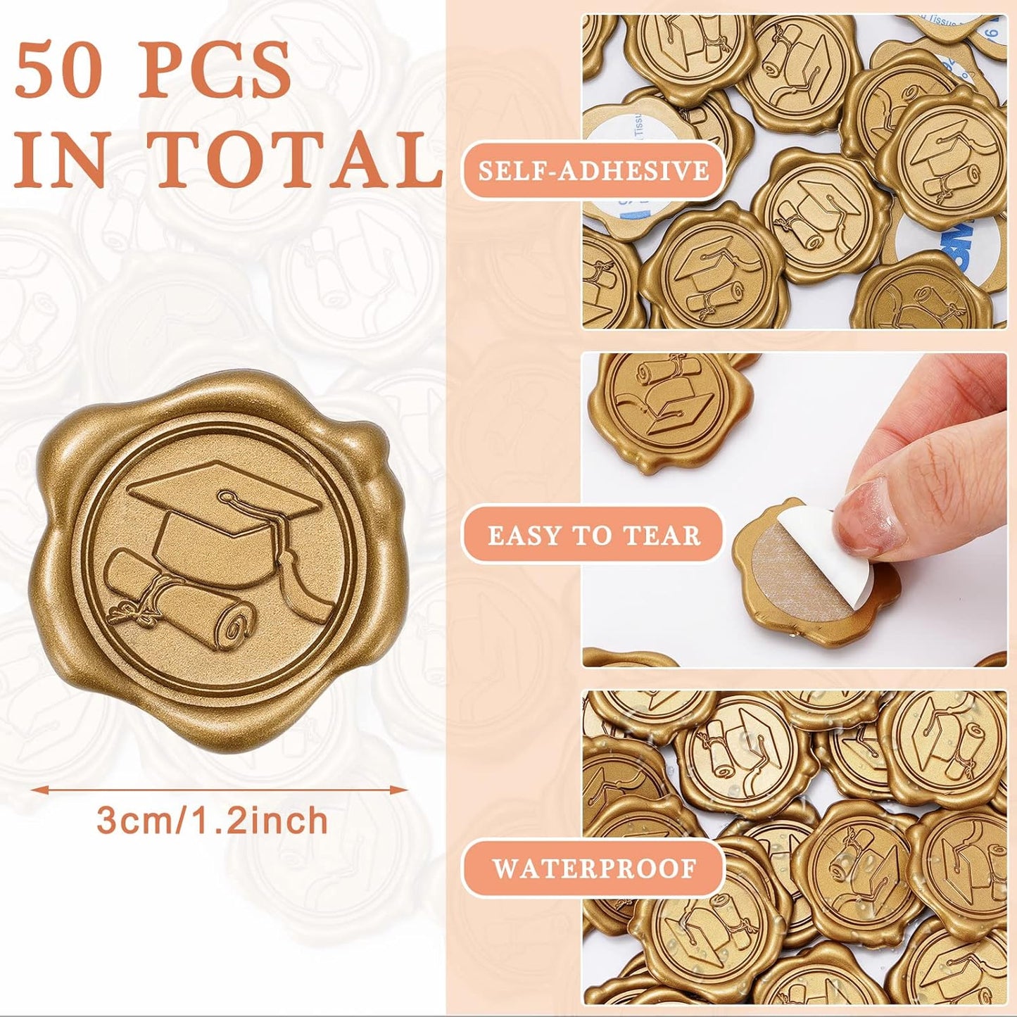 Whaline Graduation Wax Seal Stickers - 50 Pcs Gold 3D Self-Adhesive Cap Seals for DIY Invitations & Gifts