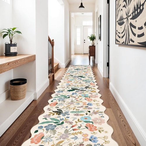 Hallway Floral Runner Rug - Washable Scalloped Soft Carpet with Non-Slip Backing | 2'6"x14", Cream