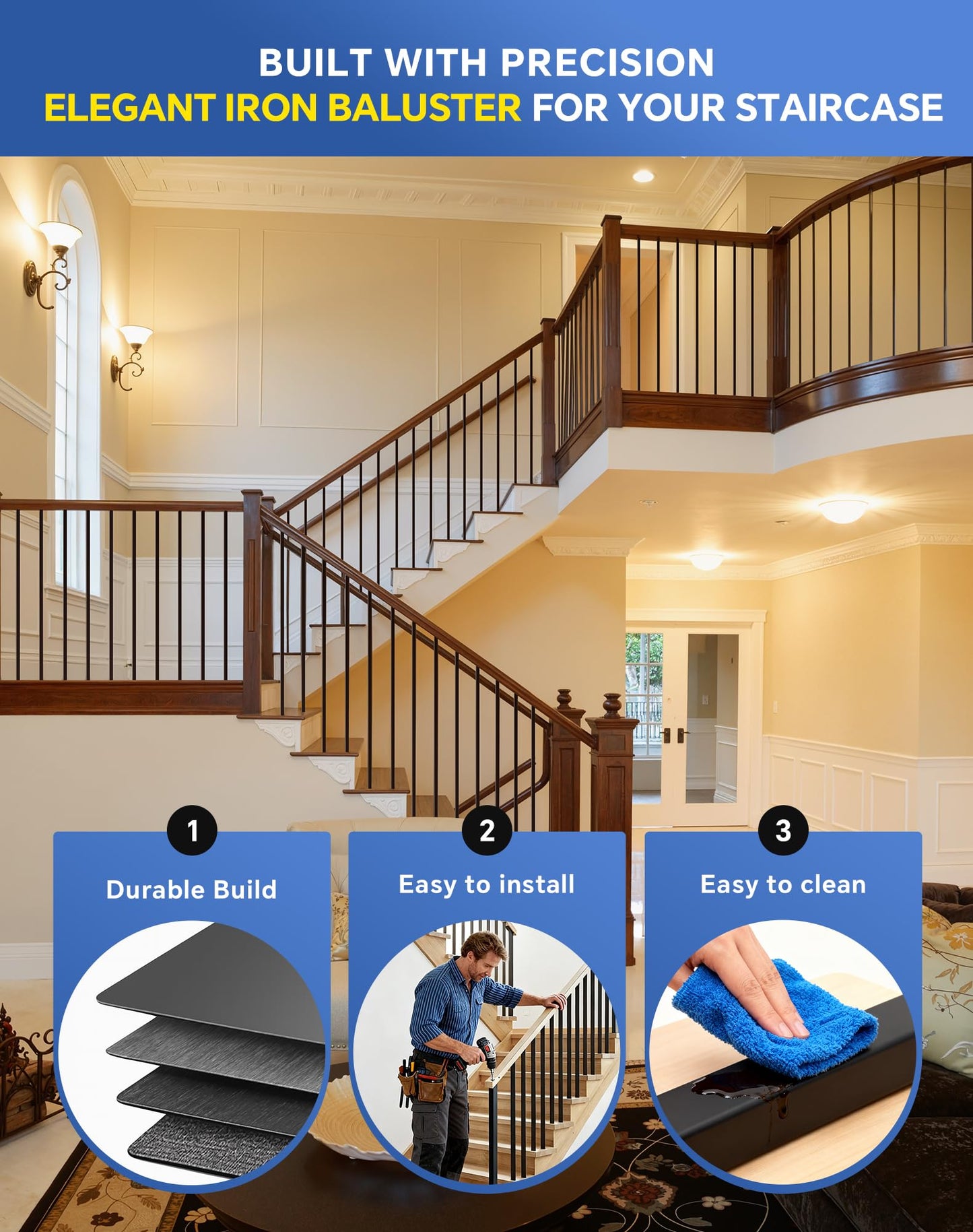 32 Pack Iron Balusters for Staircase Interior, 44 Inches Square Hollow Metal Balusters, 1/2" Wrought Iron Stair Hand Rail Spindles, Black Indoor Stair Railing, Tafbrik Metal Spindles for Staircase