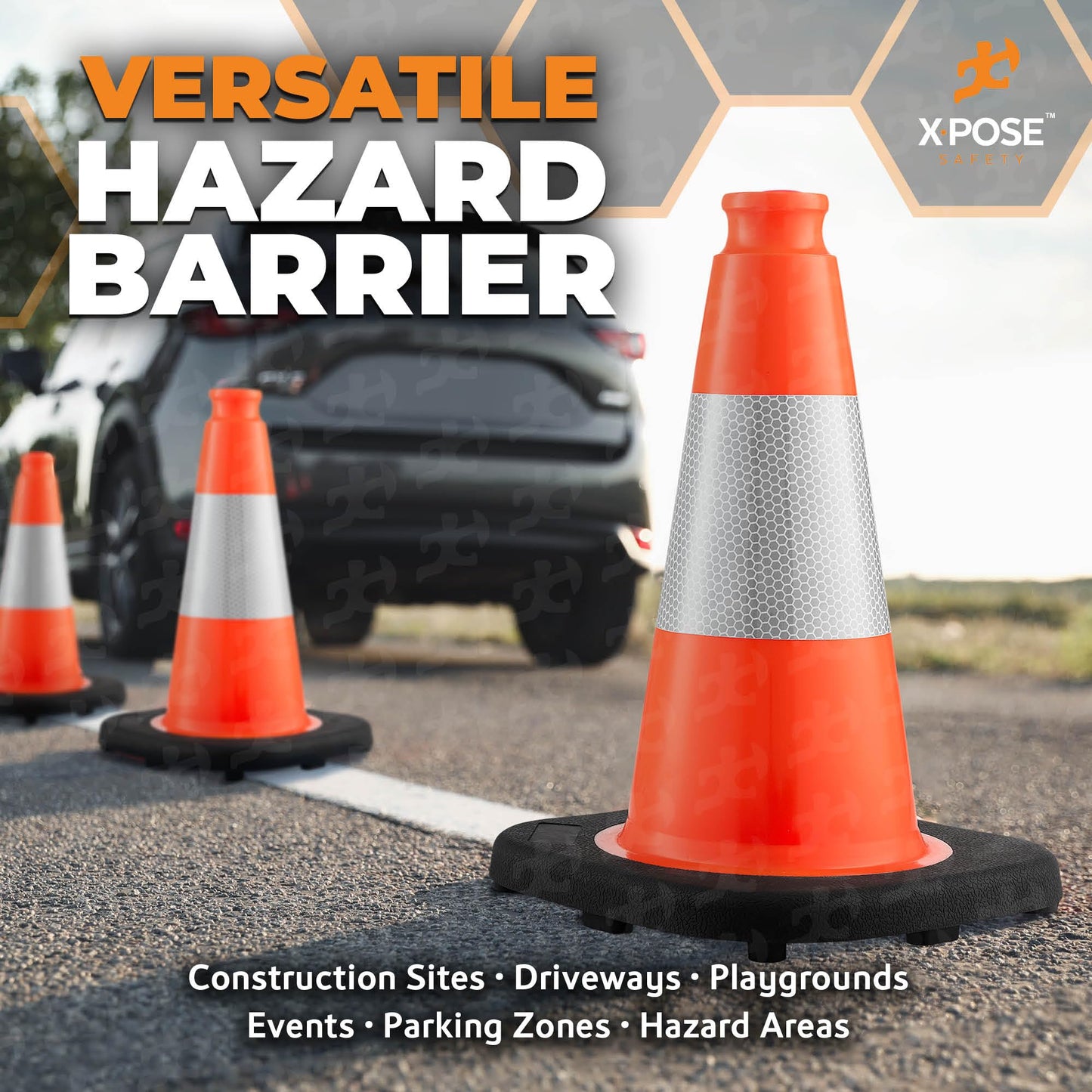 Xpose Safety 12 Inch Orange Traffic Cones with 4" Collar - 24 Pack Multipurpose PVC Plastic Safety Cone for Parking, Soccer, Caution, Kids and Construction - DOT Approved