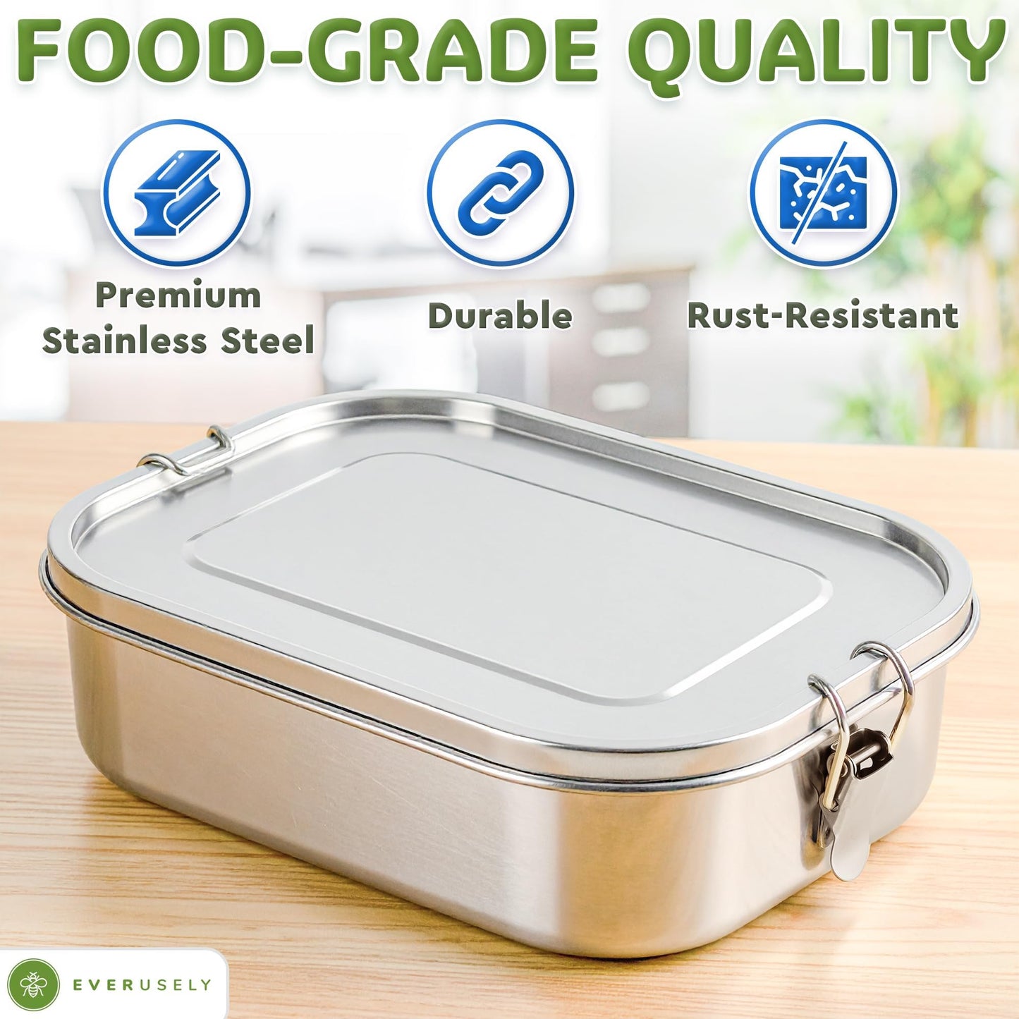 Everusely - Bento Box - Stainless Steel Lunch Box for Adults - 47 oz, 1.4 L - 5 Compartment Snack Container with Removable Silicone Seal + Secure Lock Clips - Non Plastic, Leakproof, Dishwasher Safe