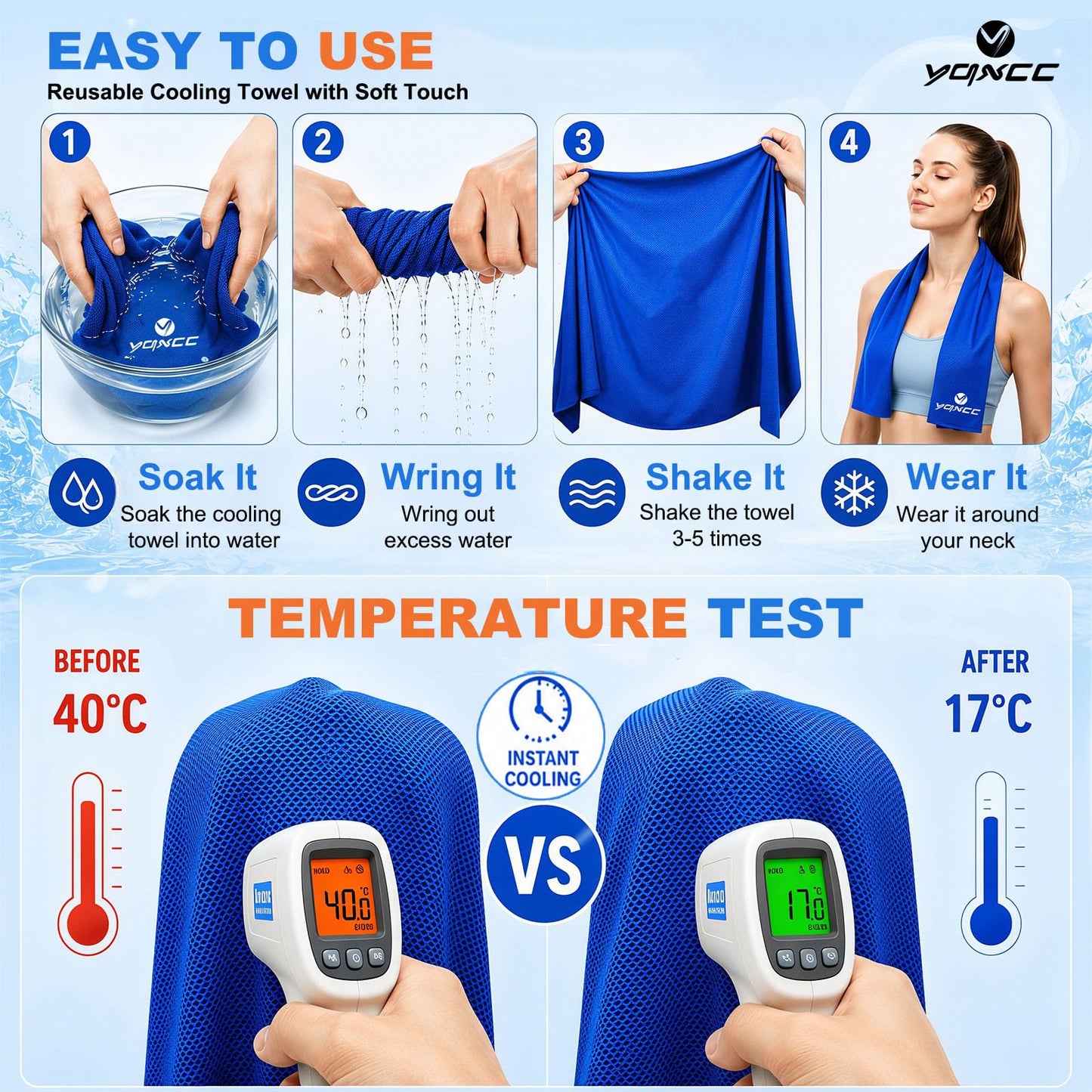 YQXCC 4 Pack Cooling Towels 40"x12", Microfiber Ice Towels for Neck & Face, Soft Breathable Cool Rags for Gym Yoga Golf Running Camping Hot Weather