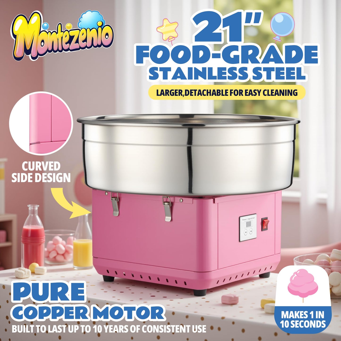 𝟐𝟎𝟐𝟓 𝐔𝐩𝐠𝐫𝐚𝐝𝐞𝐝 Cotton Candy Machine Commercial, 1000W Electric Cotton Candy Maker Kit with Pure Copper Motor, 21” Commercial Cotton Candy Maker Machine for Kids Birthday, Family Party Pink