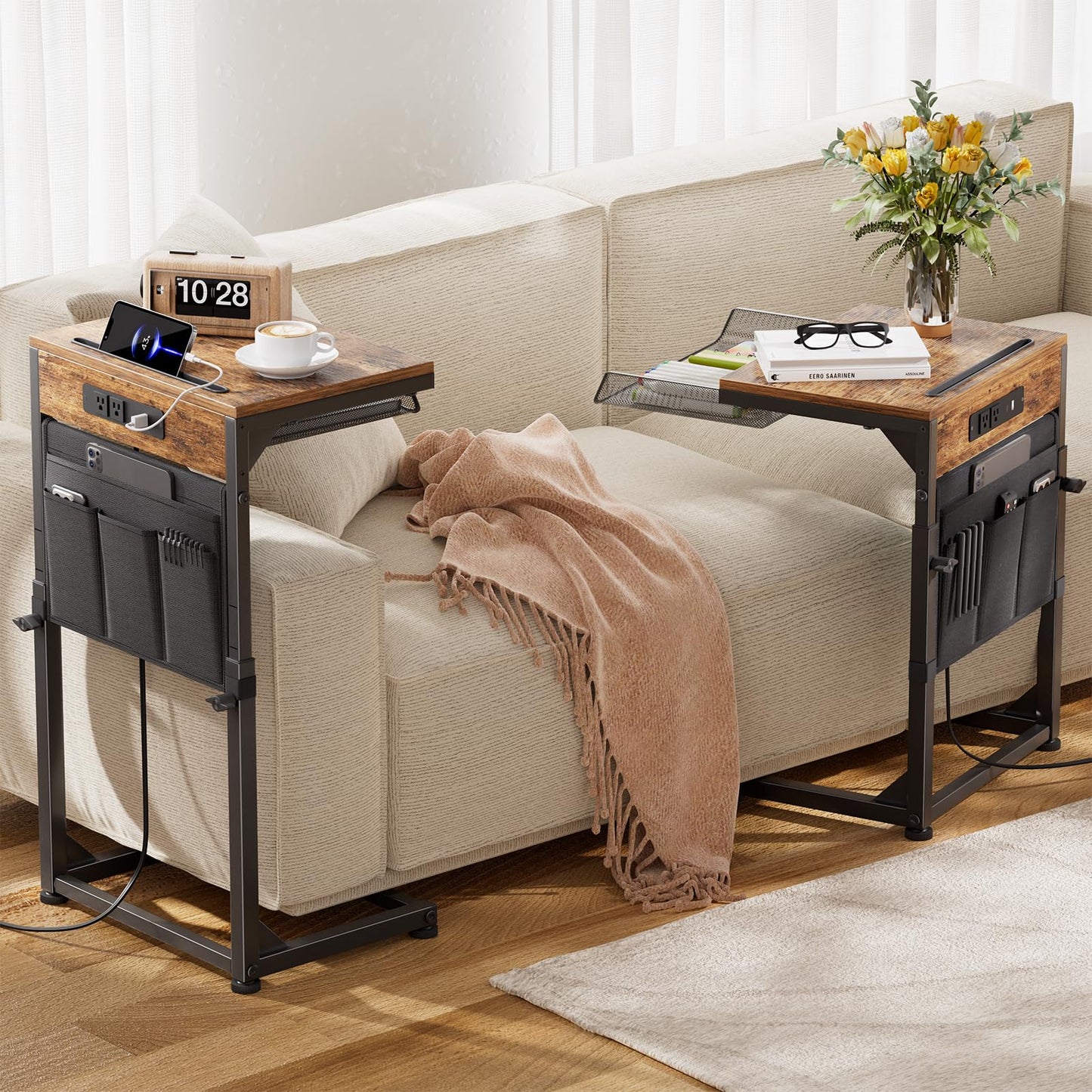 Simple Trending C Shaped End Table with Charging Station, Side Table Adjustable Height, Sofa Couch Table TV Tray with Storage Bag for Living Room, Rustic Brown