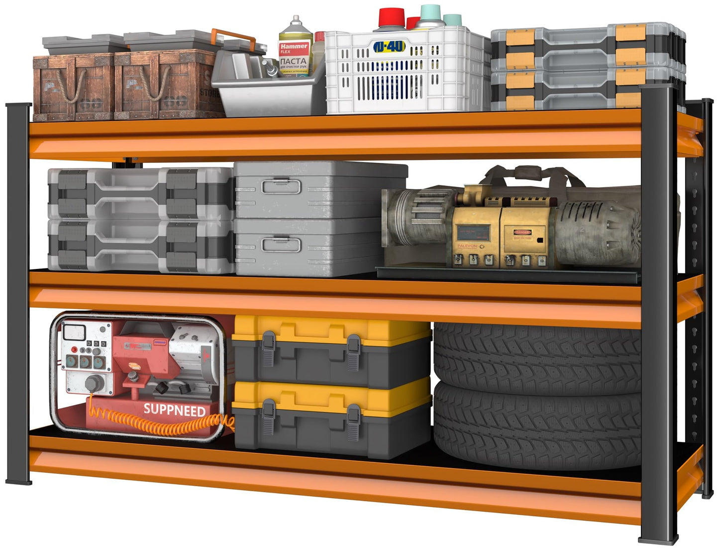 SUPPNEED 48" W Storage Garage Shelving: 1,500Lbs Black & Orange Metal Freestanding Utility Shelves, 3 Tier Adjustable Heavy Duty Rack Units 48" W x 18" D x 39" H
