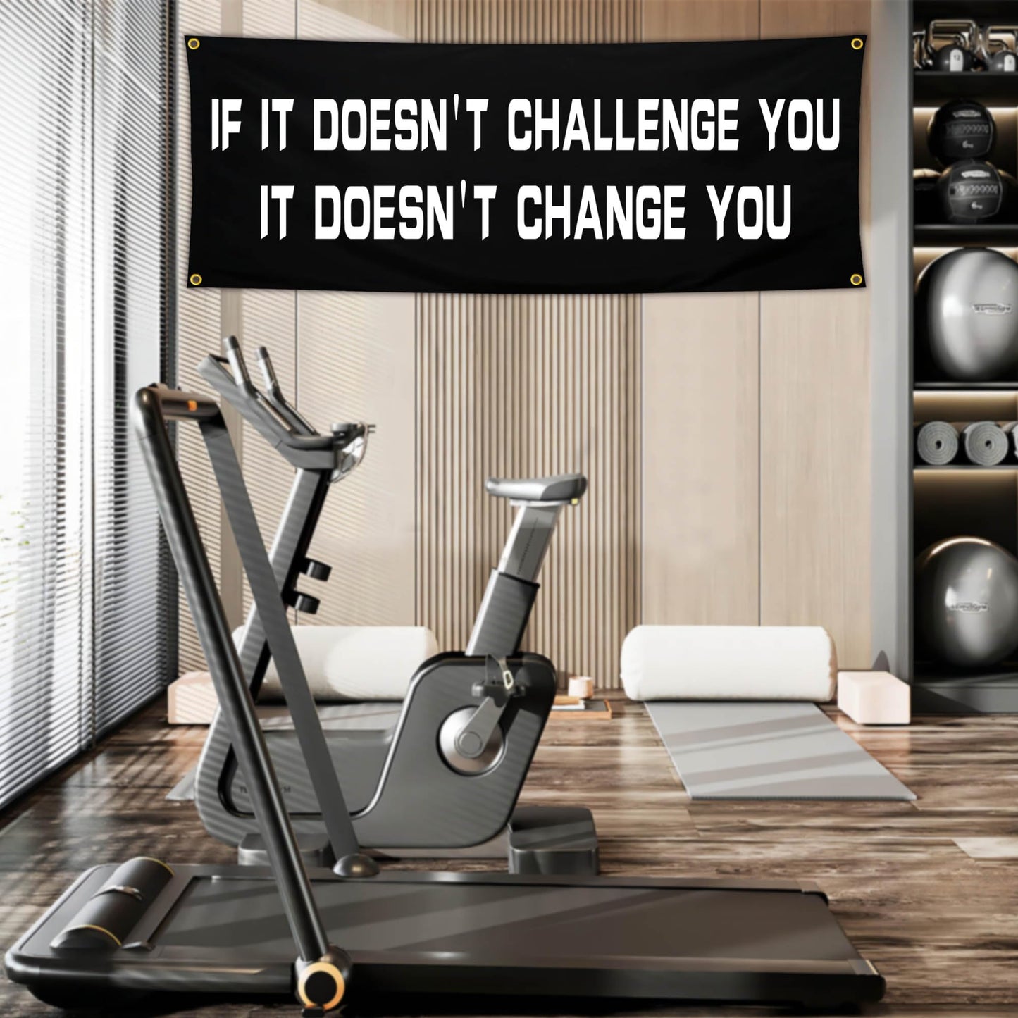 Bomtas Motivational Gym Posters Banners Flags for Home Gym Room Guys Office Bedroom It Doesn't Challenge You Inspirational Flag Banner 24x72 Inch Motivation Wall Art Decor
