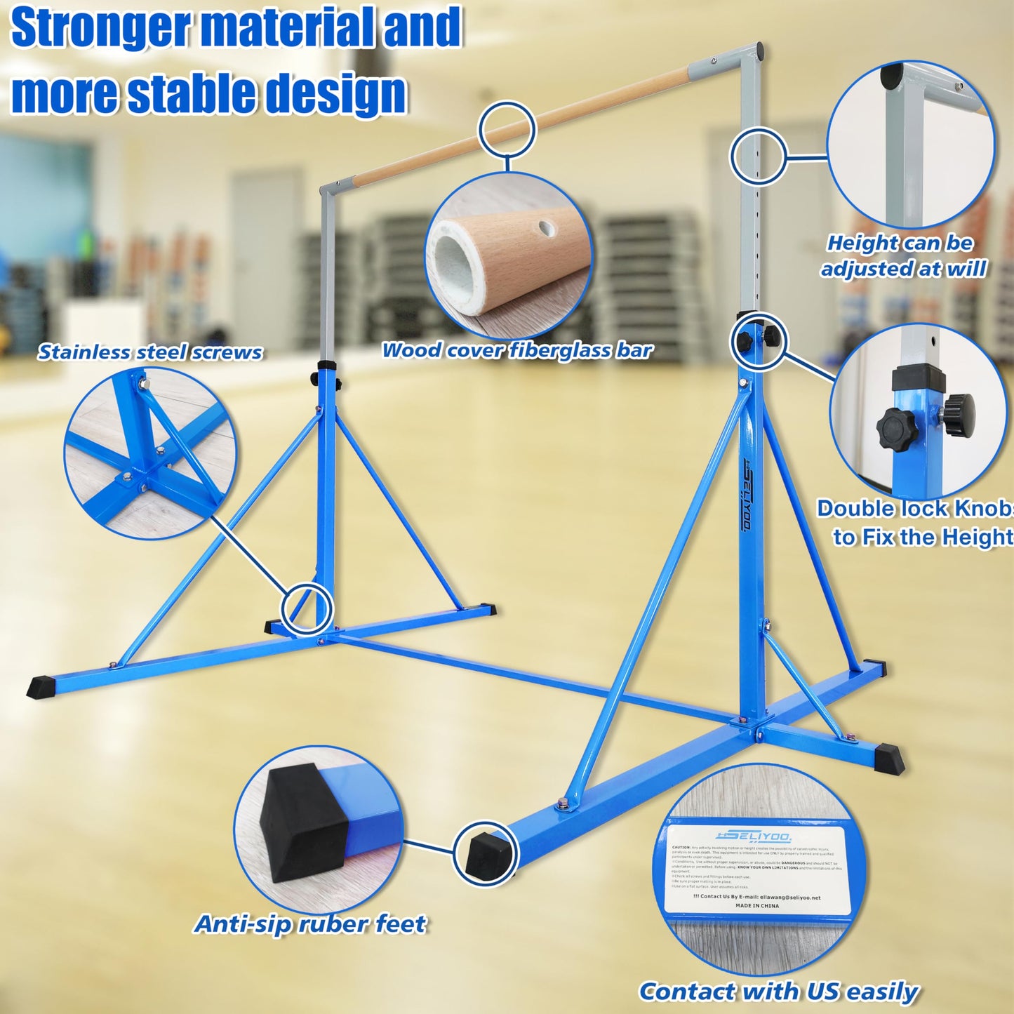 Seliyoo Gymnastics Bar,Gymnastic Bar For Kids,6FT Tall, 7.2 FT Base Length,Height Adjustable 49.2" to 68.9", Big Triangle Support,Senior Gym Equipment Girls Home,Gym Center,Weight Limit 550 LBS