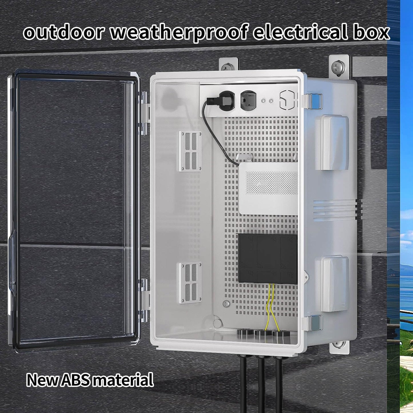 Waterproof ABS Enclosure Cabinet Junction Box, Ventilated Design, Indoor/Outdoor Use, with Mounting Panel, High Power Outlets. (Clear Cover, 19.7"x15.7"x7.9")