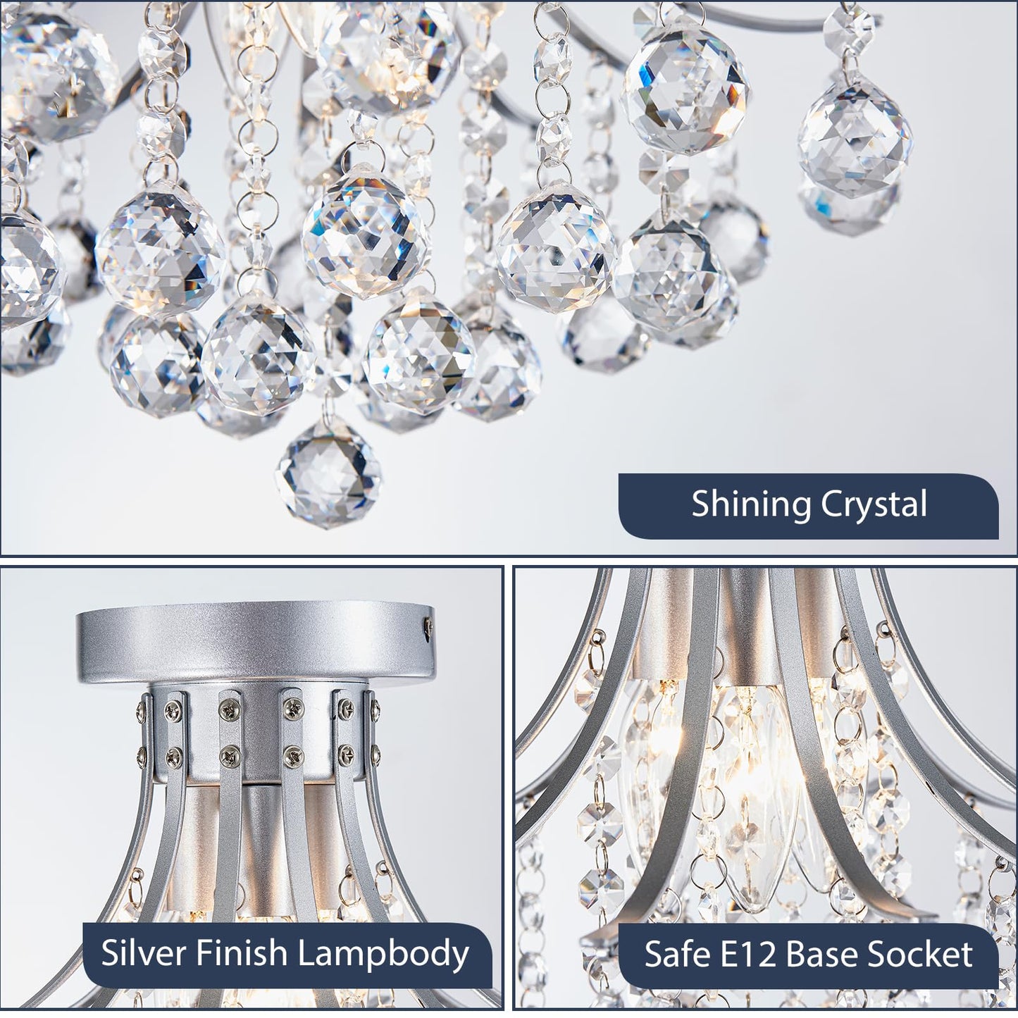 Bestier Modern Silver Crystal Semi-Flush Mount Chandelier, 13.5in D x 11.6in H, Requires 3 E12 Bulbs, for Dining Room/Bathroom/