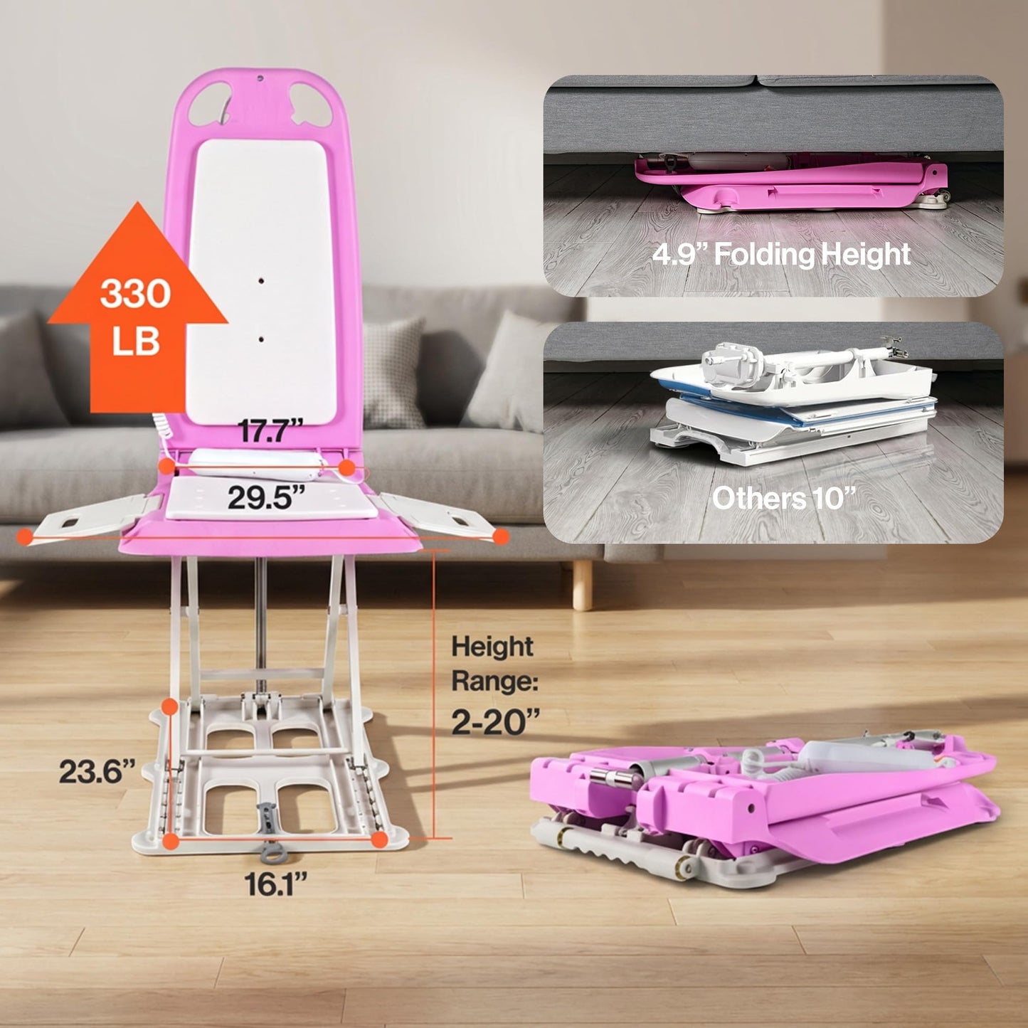 SuperHandy Portable Floor & Bath Lift - EVA Cushion, 26V 51.8Wh Battery, Lightweight 19 lbs, Foldable, 330 lb Capacity, IP68 Waterproof Lift for Seniors, Ergonomic Seat with Removable Panels (Pink)
