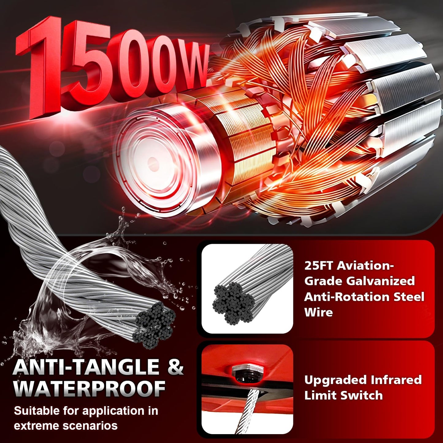 SENKEYFE Power Electric Portable Hoist Winch 1100LBS, 3 in 1 Electric Cable Hoist 110V 25 FT with Lifting Strap, Electric Hoist Lift Ceiling Winch for Lifting Towing(Red)