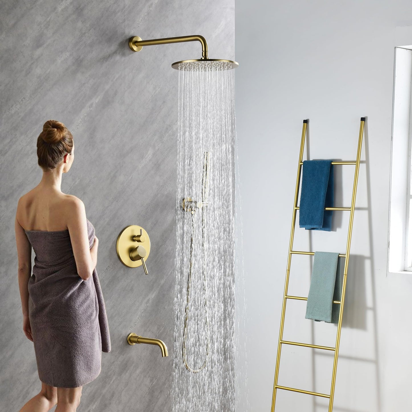 Tomfaucet Shower System with Tub Spout, 3 Functions 10" Round Wall Mounted Rain Shower System, High-Pressure Rain Shower Head with 2 Modes Handheld Spray, Brushed Gold Shower Systems