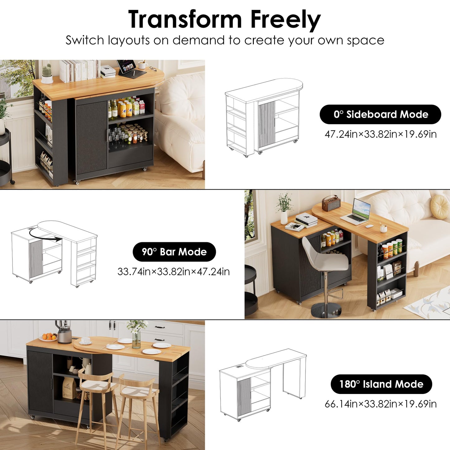 66'' Rolling Kitchen Island with 360° Swivel Tabletop Mobile Kitchen Island with Power Outlet Rotating Kitchen Islands with Storage Cabinets Wood Kitchen Island Table for Kitchen, Bar, Dining Room